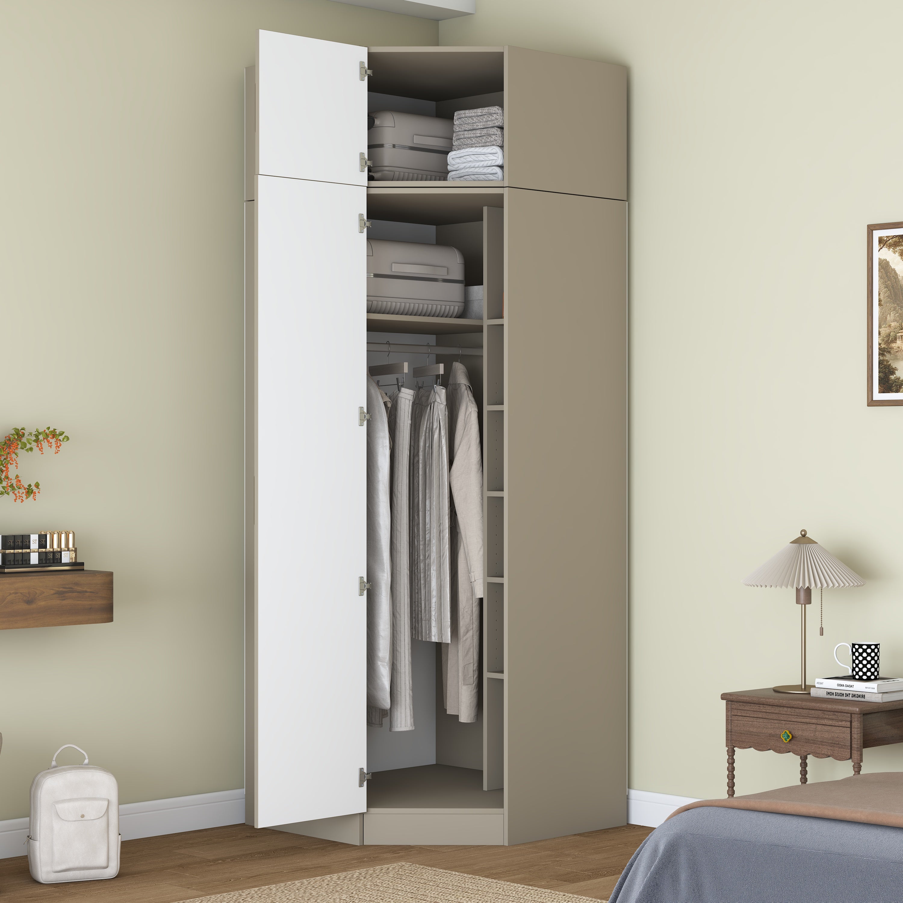 Rani BA355 Membran Kapaklı Köşe Modül Gardırop Tek Kapaklı 7 Raflı Askılı Elbise Dolabı Kumtaşı