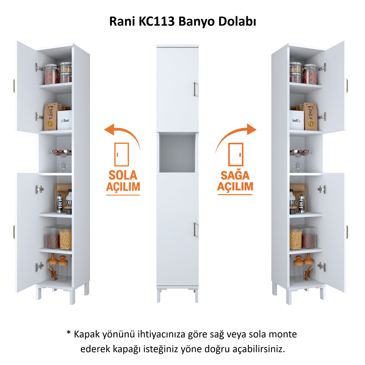 Rani KC113 Banyo Dolabı 2 Kapaklı 5 Raflı Çok Amaçlı Dolap Beyaz