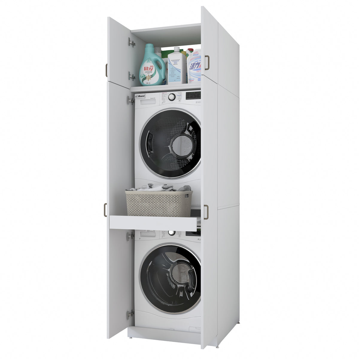 Rani KD144 Çamaşır Ve Kurutma Makinesi Dolabı 4 Kapaklı Çekmeceli Raflı Banyo Dolabı Beyaz