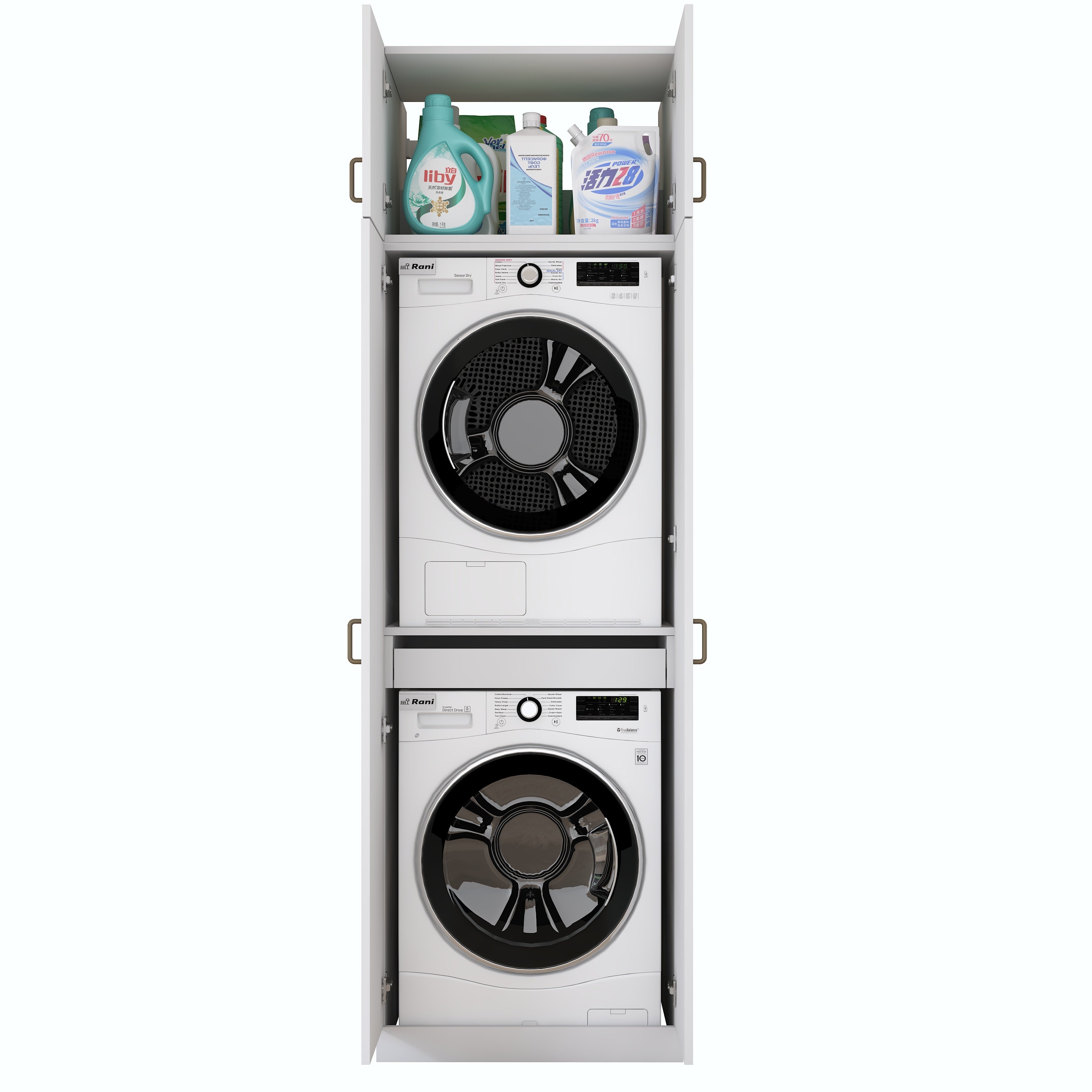 Rani KD144 Çamaşır Ve Kurutma Makinesi Dolabı Çekmeceli Raflı Banyo Dolabı Beyaz