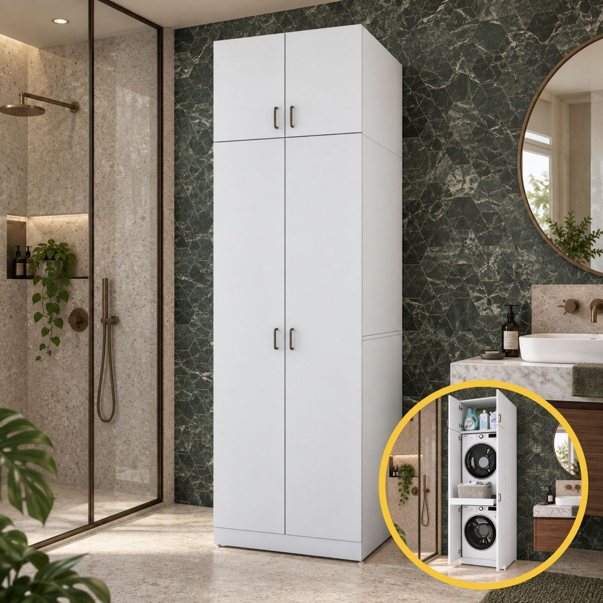 Rani KD144 Çamaşır Ve Kurutma Makinesi Dolabı 4 Kapaklı Çekmeceli Raflı Banyo Dolabı Beyaz