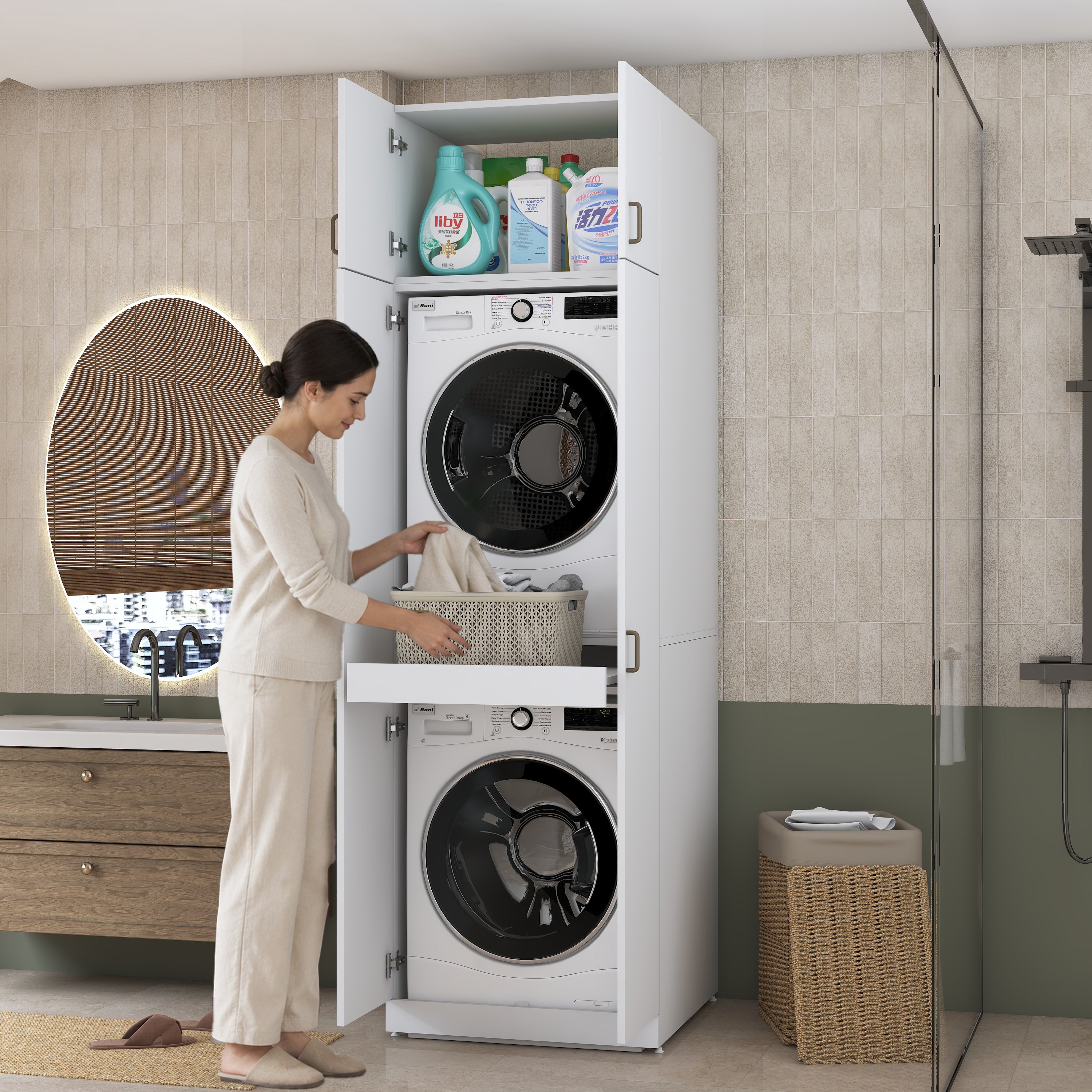 Rani KD144 Çamaşır Ve Kurutma Makinesi Dolabı 4 Kapaklı Çekmeceli Raflı Banyo Dolabı Beyaz