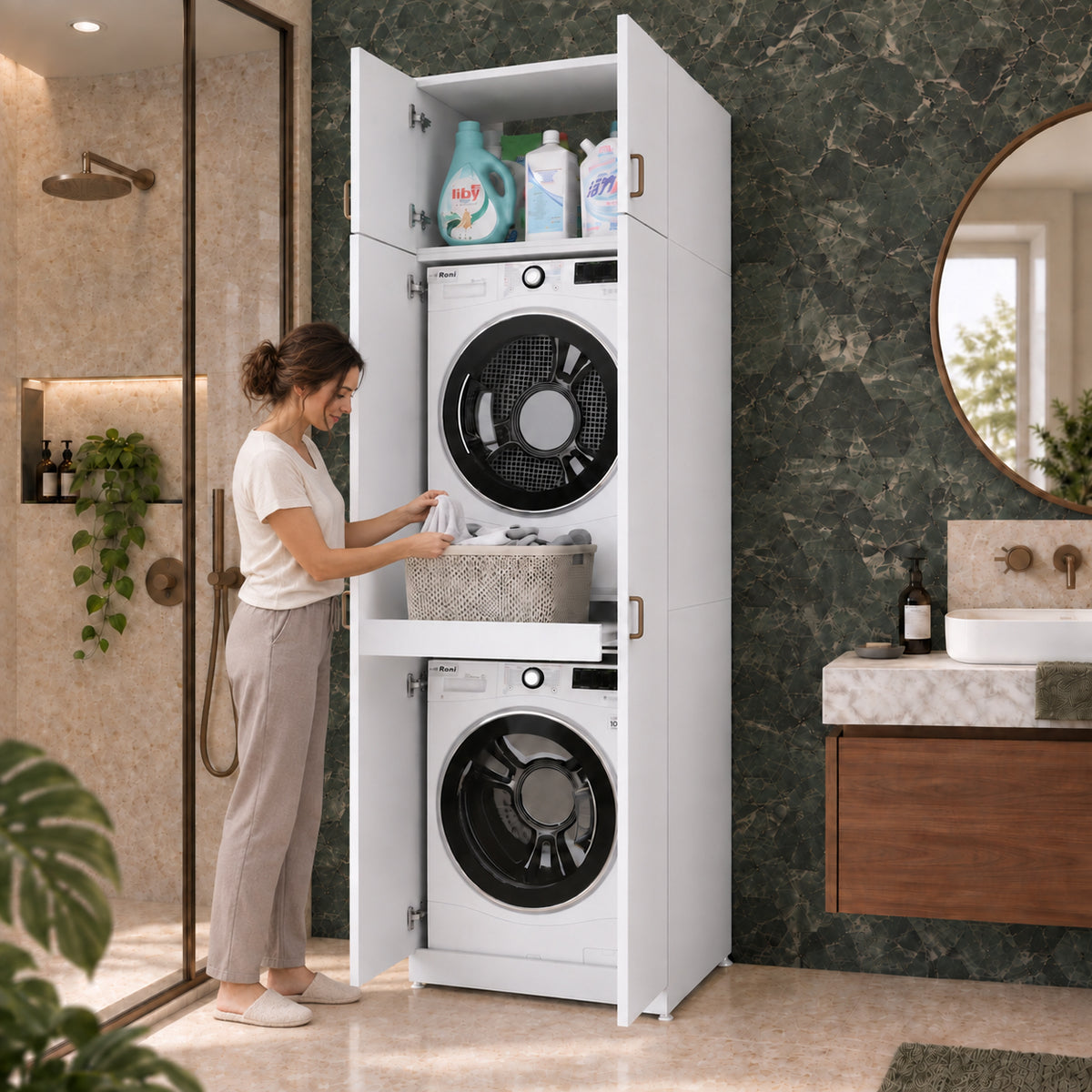 Rani KD144 Çamaşır Ve Kurutma Makinesi Dolabı 4 Kapaklı Çekmeceli Raflı Banyo Dolabı Beyaz