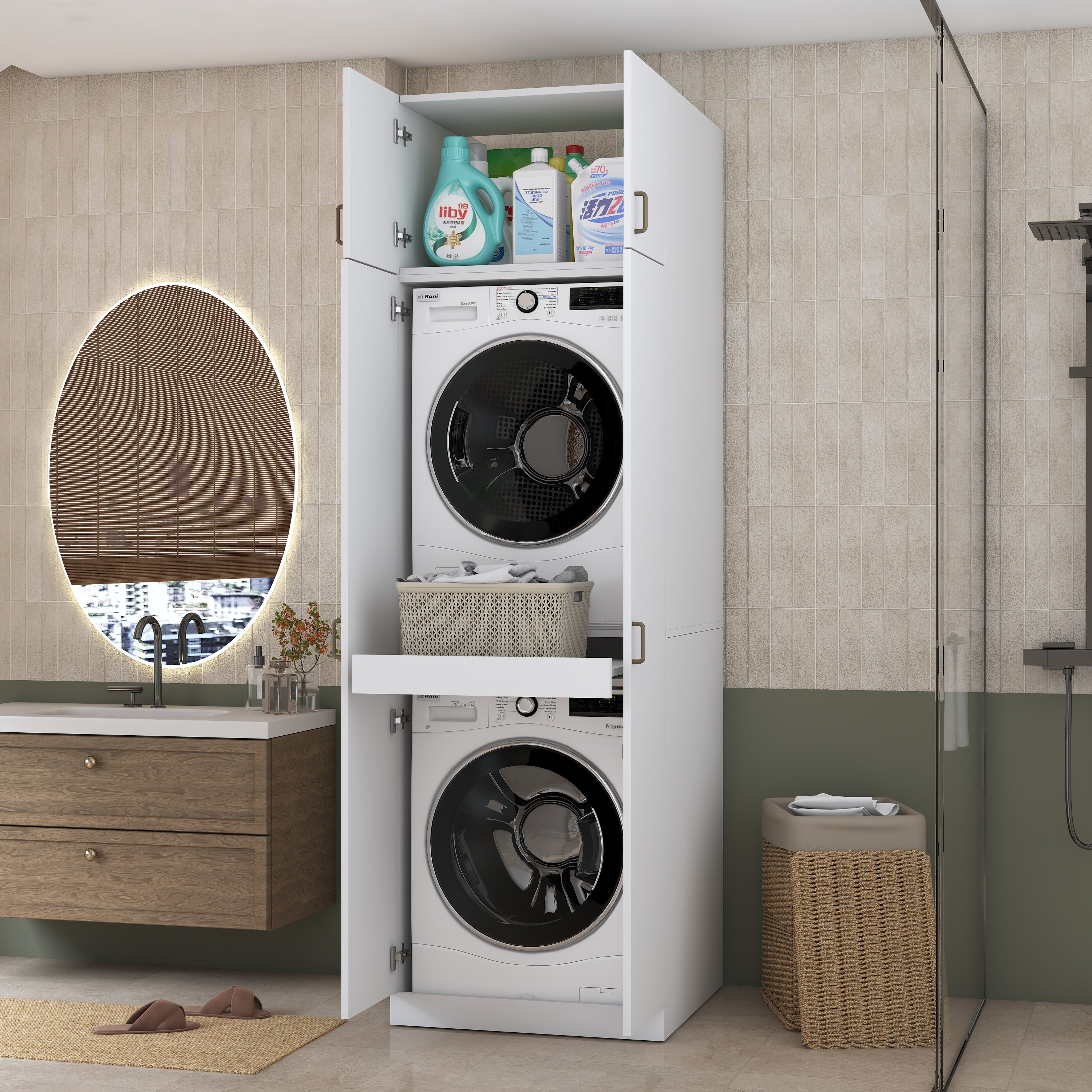 Rani KD144 Çamaşır Ve Kurutma Makinesi Dolabı Çekmeceli Raflı Banyo Dolabı Beyaz