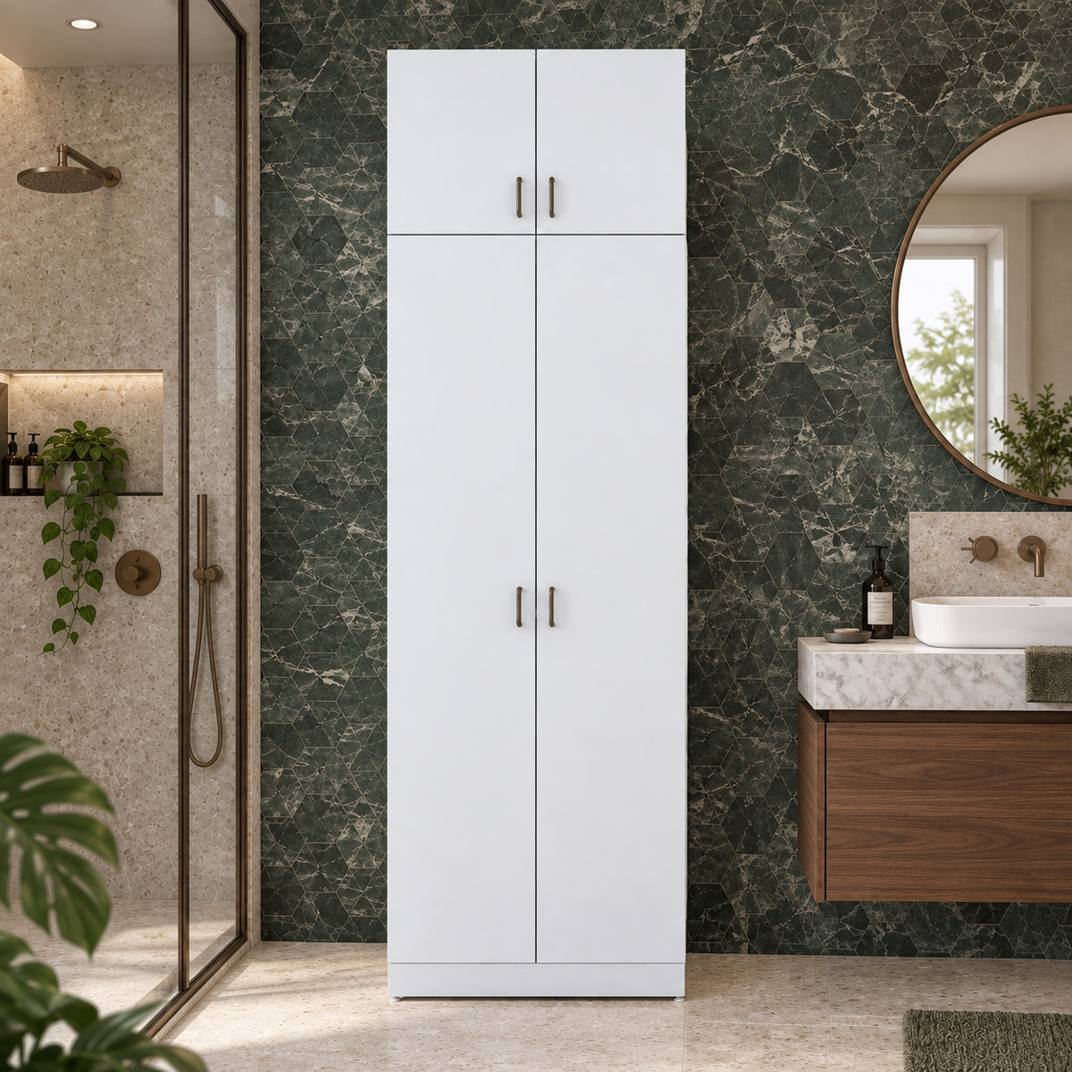 Rani KD144 Çamaşır Ve Kurutma Makinesi Dolabı 4 Kapaklı Çekmeceli Raflı Banyo Dolabı Beyaz