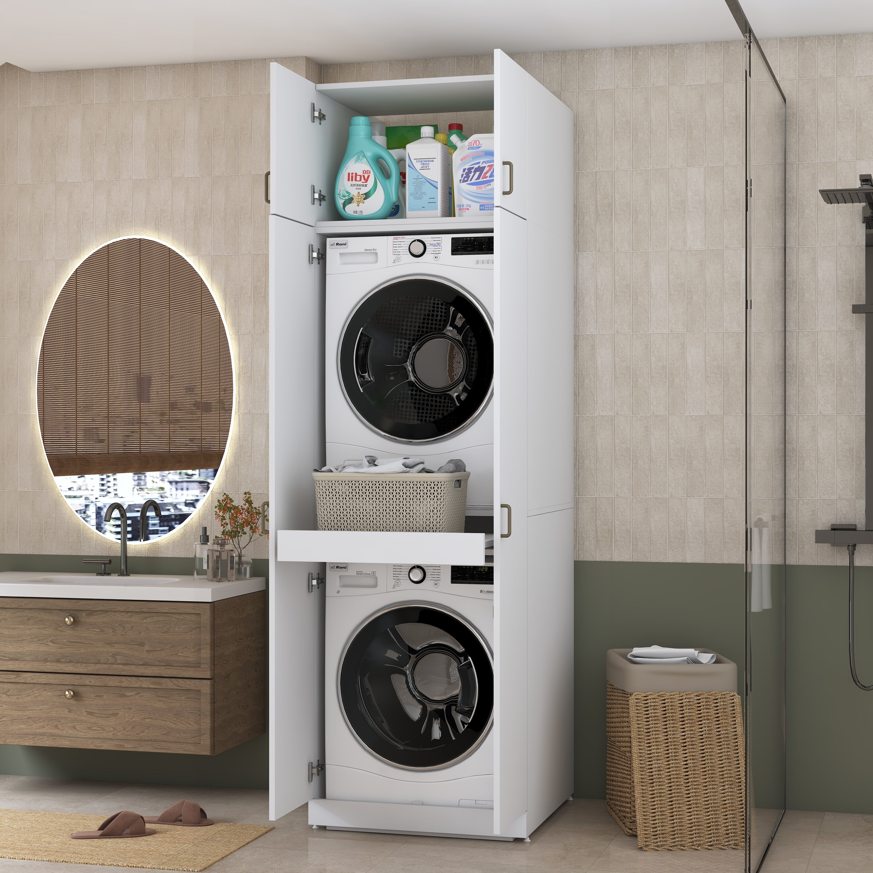 Rani KD144 Çamaşır Ve Kurutma Makinesi Dolabı 4 Kapaklı Çekmeceli Raflı Banyo Dolabı Beyaz
