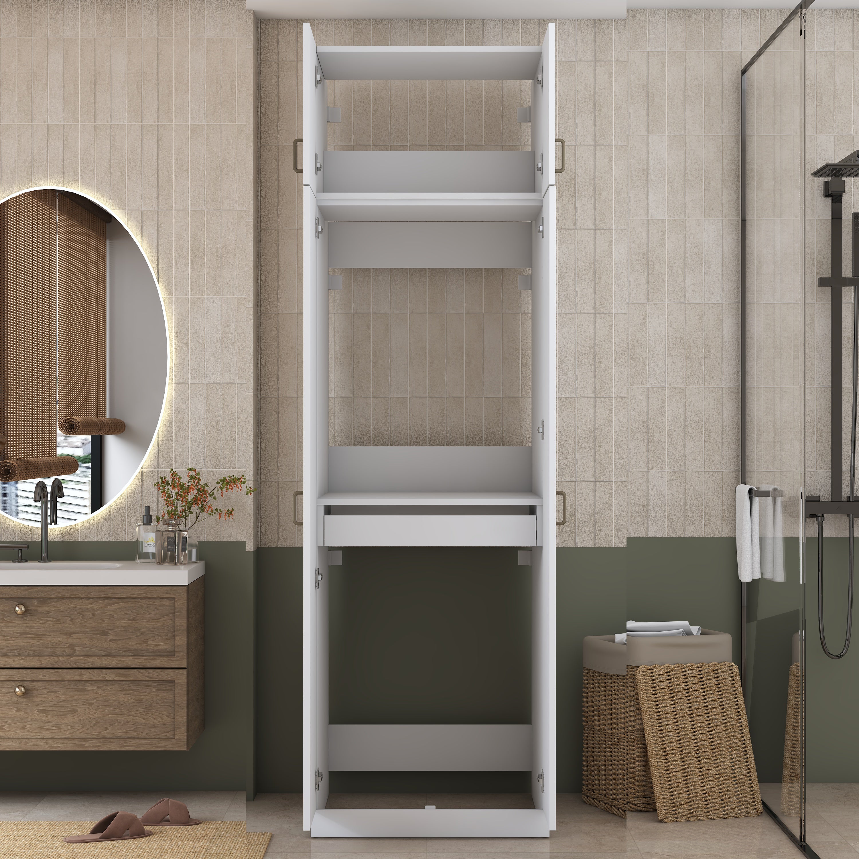 Rani KD144 Çamaşır Ve Kurutma Makinesi Dolabı Çekmeceli Raflı Banyo Dolabı Beyaz