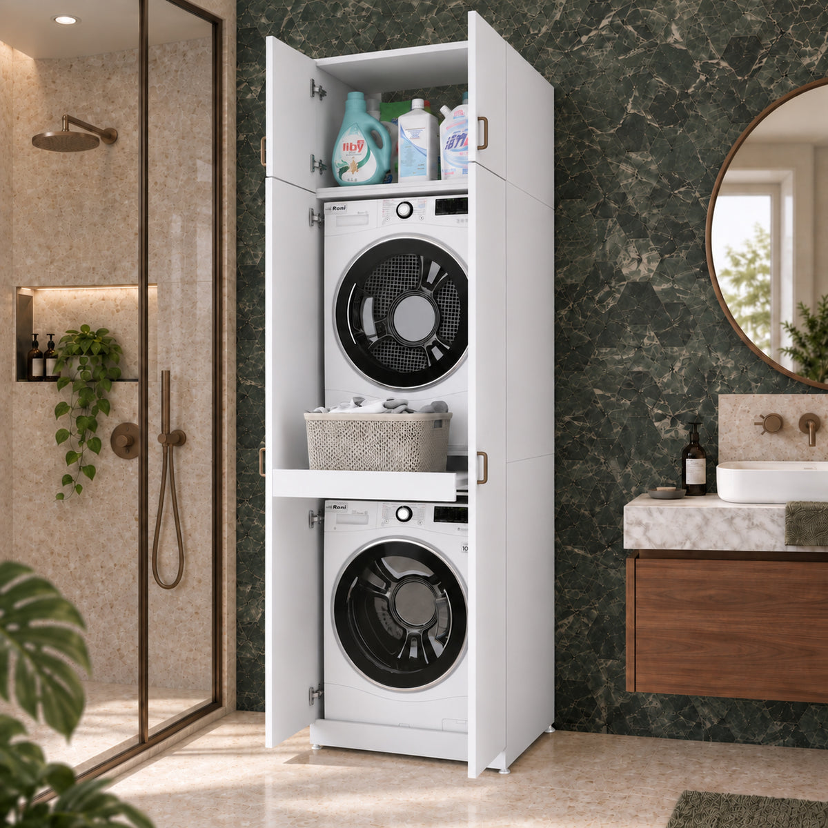 Rani KD144 Çamaşır Ve Kurutma Makinesi Dolabı 4 Kapaklı Çekmeceli Raflı Banyo Dolabı Beyaz