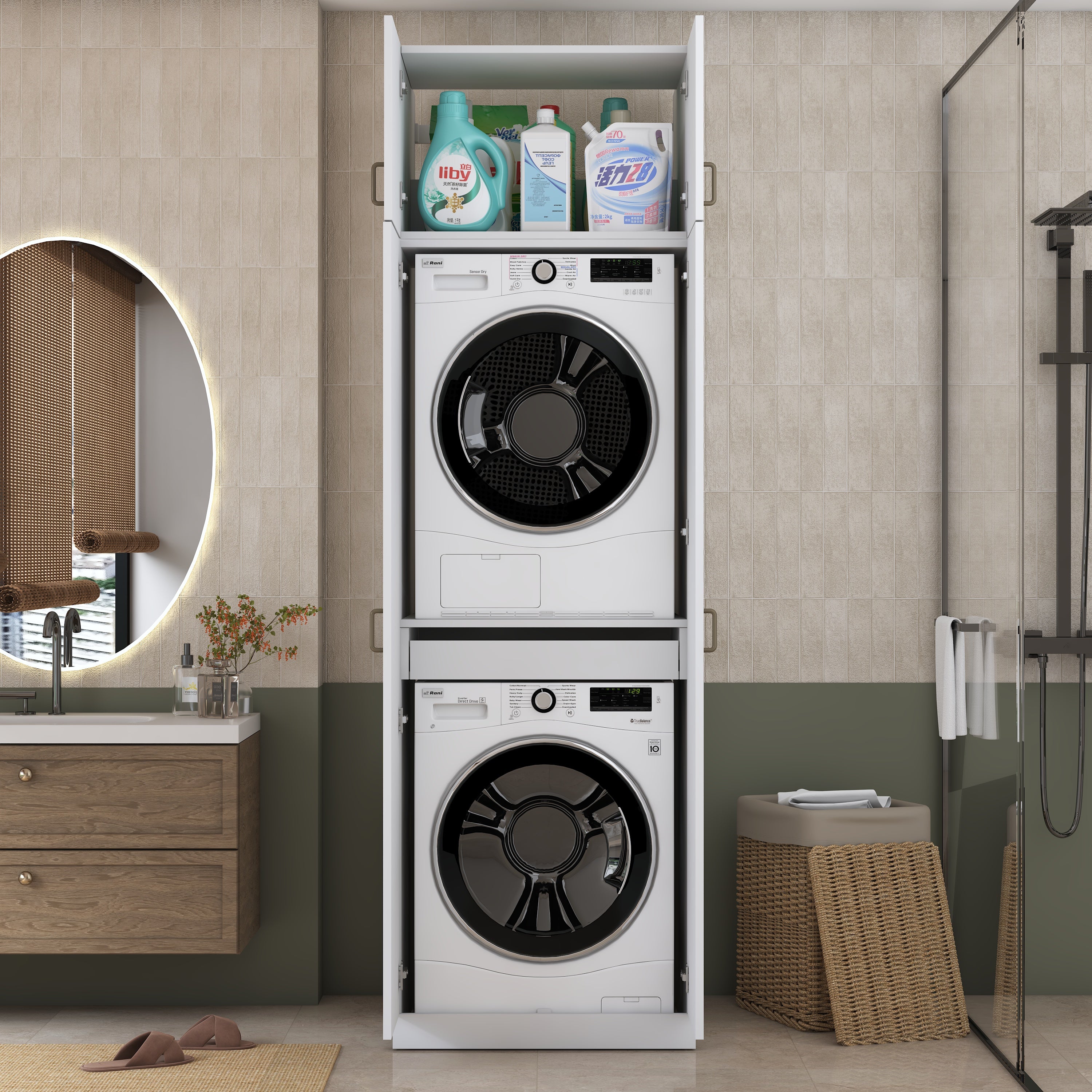 Rani KD144 Çamaşır Ve Kurutma Makinesi Dolabı Çekmeceli Raflı Banyo Dolabı Beyaz