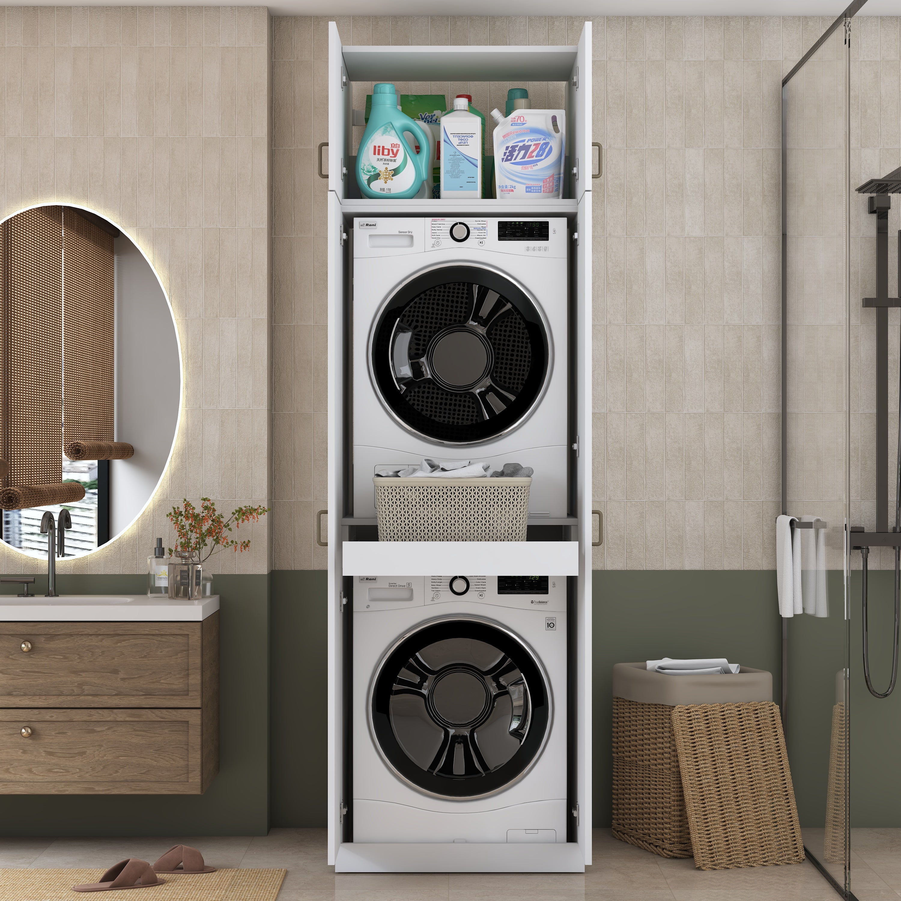 Rani KD144 Çamaşır Ve Kurutma Makinesi Dolabı Çekmeceli Raflı Banyo Dolabı Beyaz