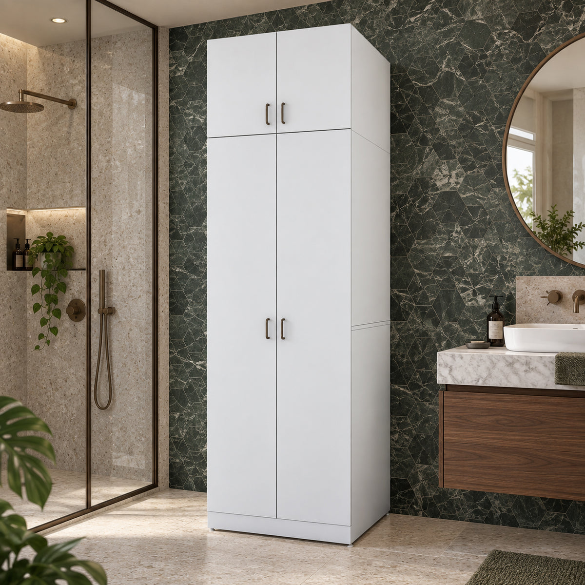 Rani KD144 Çamaşır Ve Kurutma Makinesi Dolabı 4 Kapaklı Çekmeceli Raflı Banyo Dolabı Beyaz