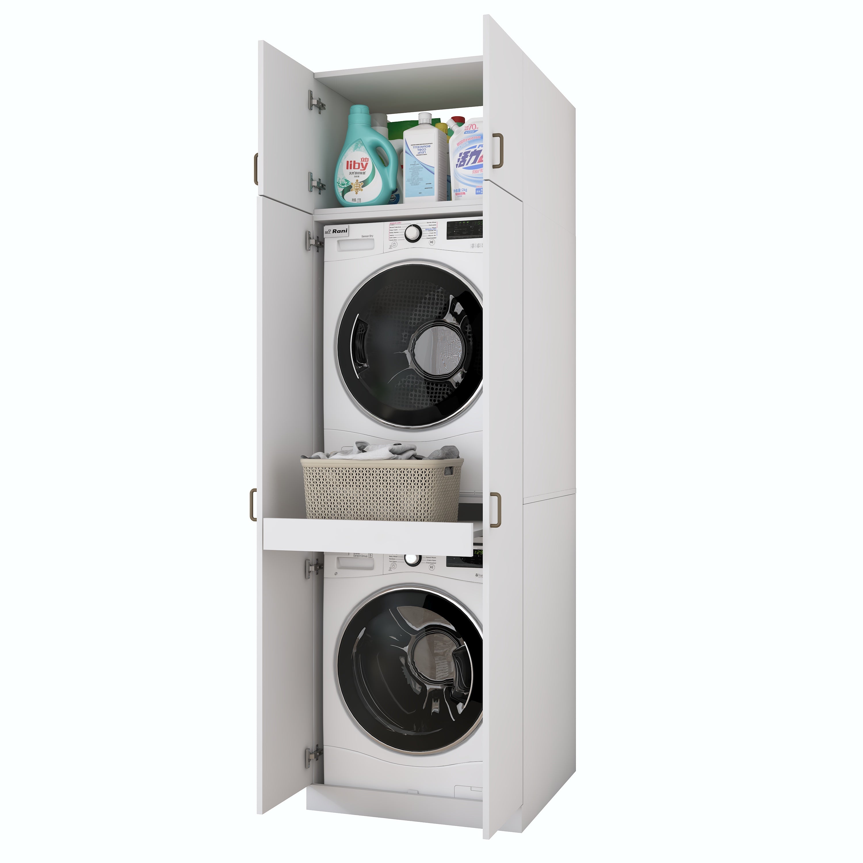 Rani KD144 Çamaşır Ve Kurutma Makinesi Dolabı Çekmeceli Raflı Banyo Dolabı Beyaz