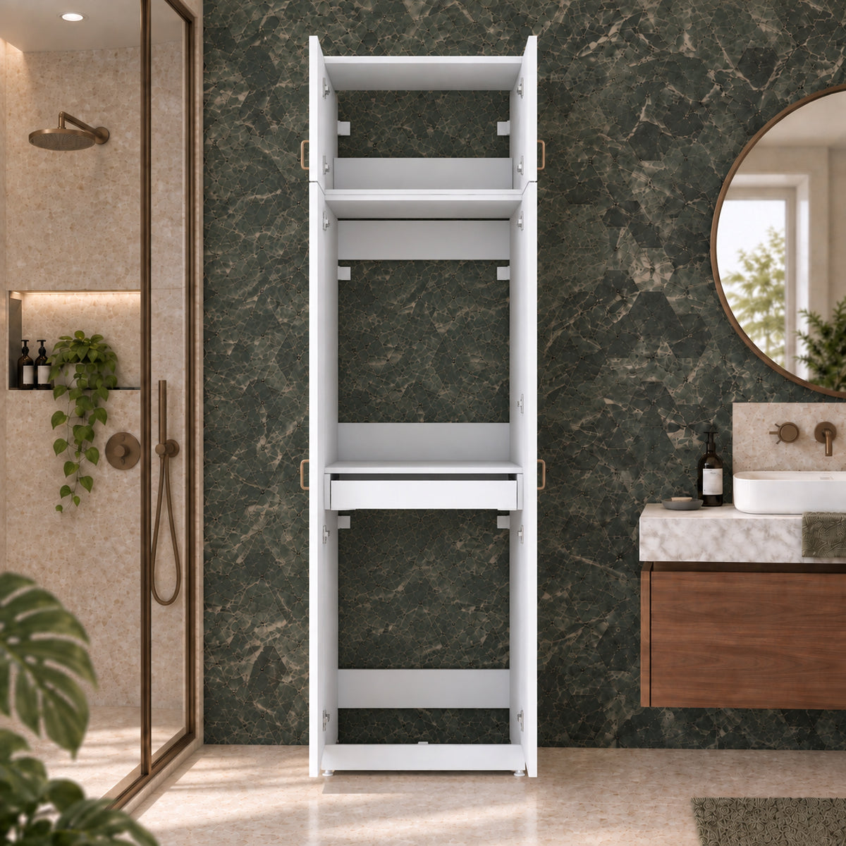 Rani KD144 Çamaşır Ve Kurutma Makinesi Dolabı 4 Kapaklı Çekmeceli Raflı Banyo Dolabı Beyaz