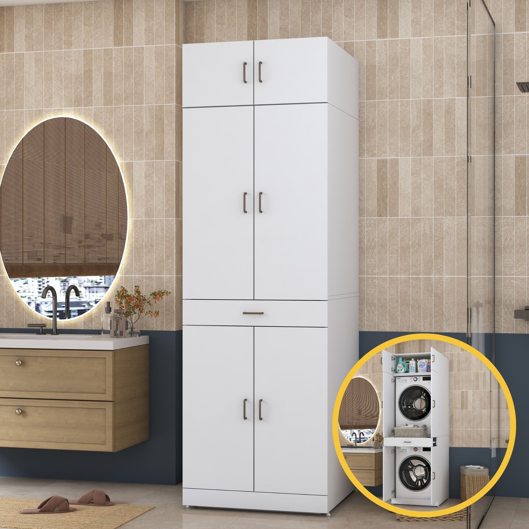 Rani KD143 Çamaşır Ve Kurutma Makinesi Dolabı Çekmeceli Raflı Banyo Dolabı Beyaz