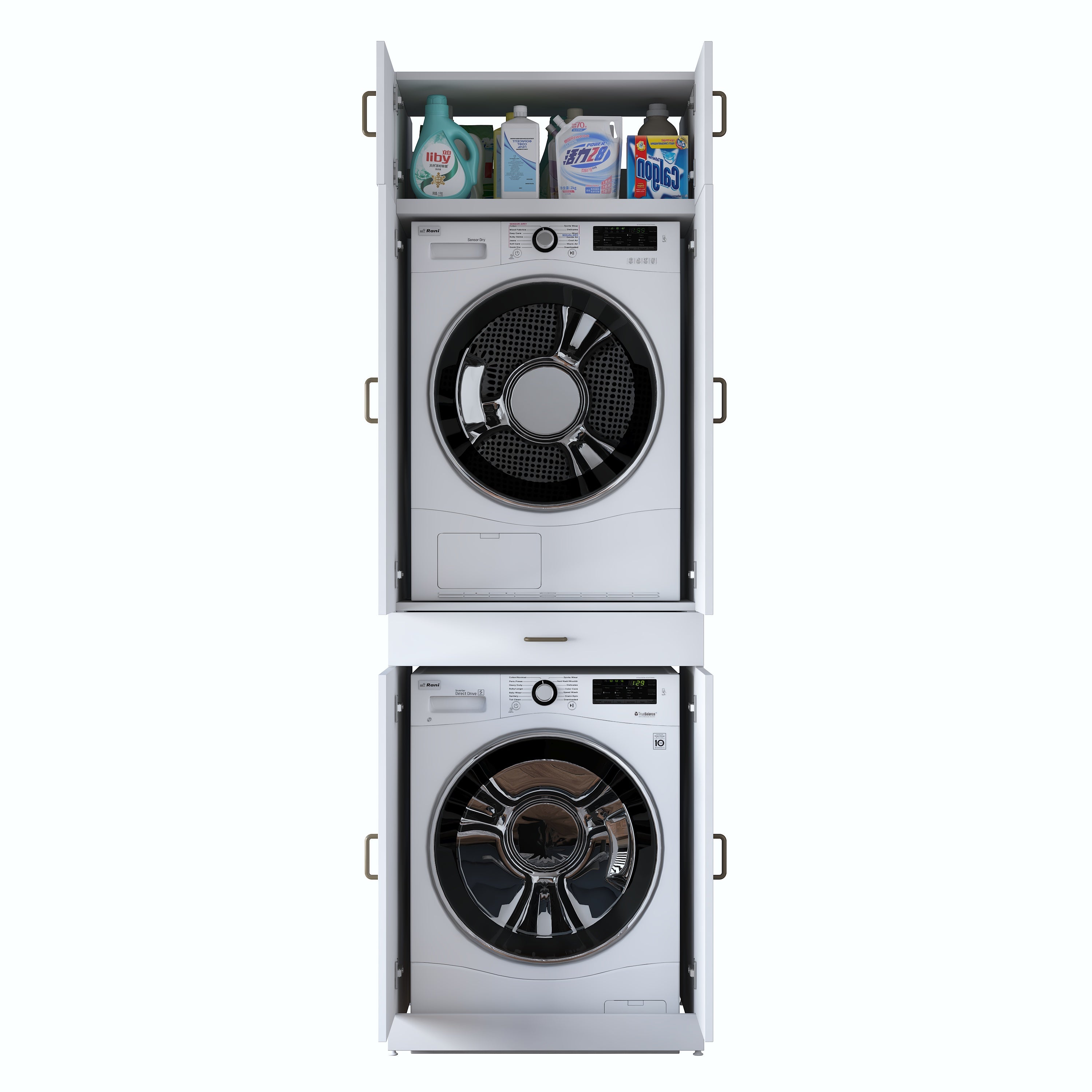 Rani KD143 Çamaşır Ve Kurutma Makinesi Dolabı Çekmeceli Raflı Banyo Dolabı Beyaz