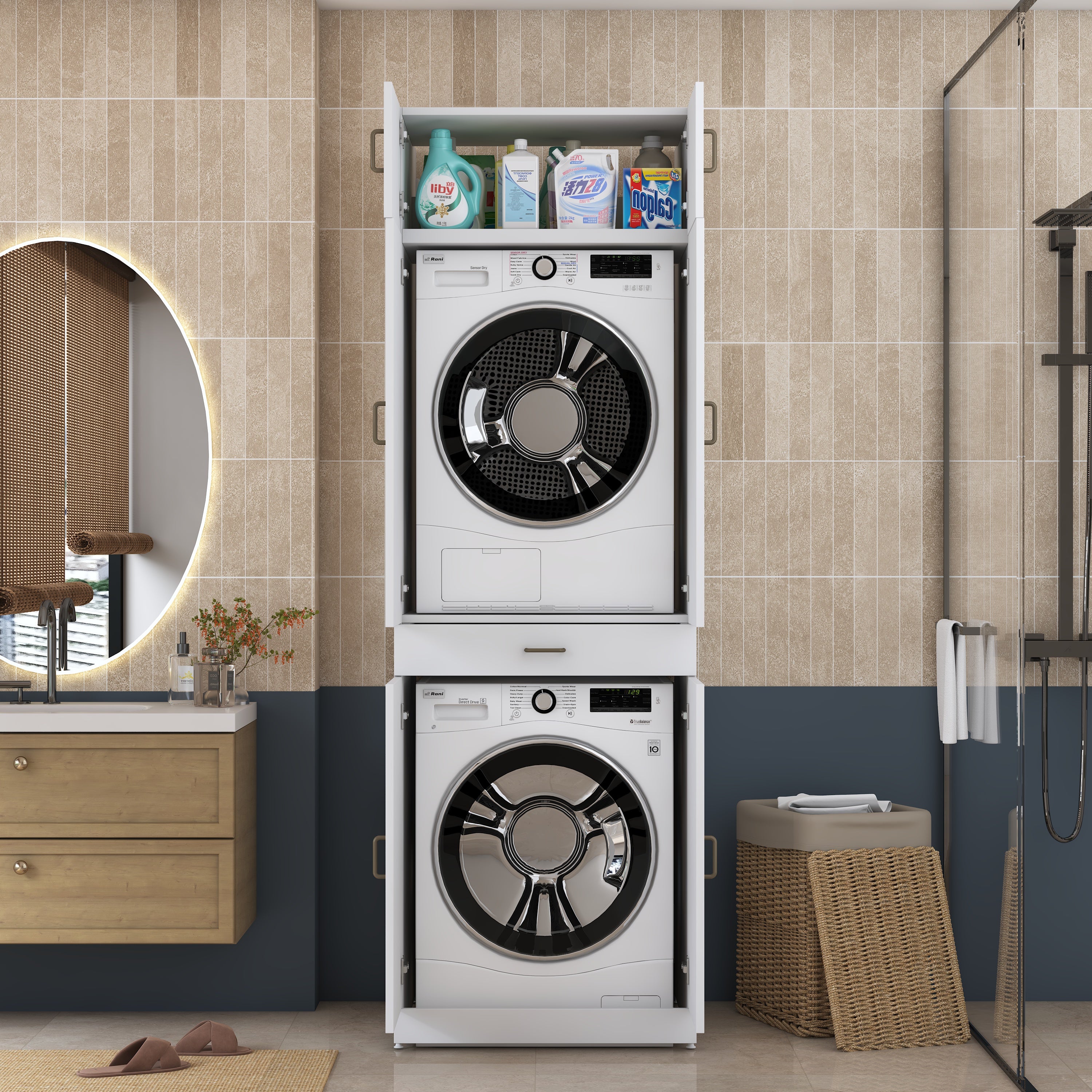 Rani KD143 Çamaşır Ve Kurutma Makinesi Dolabı Çekmeceli Raflı Banyo Dolabı Beyaz