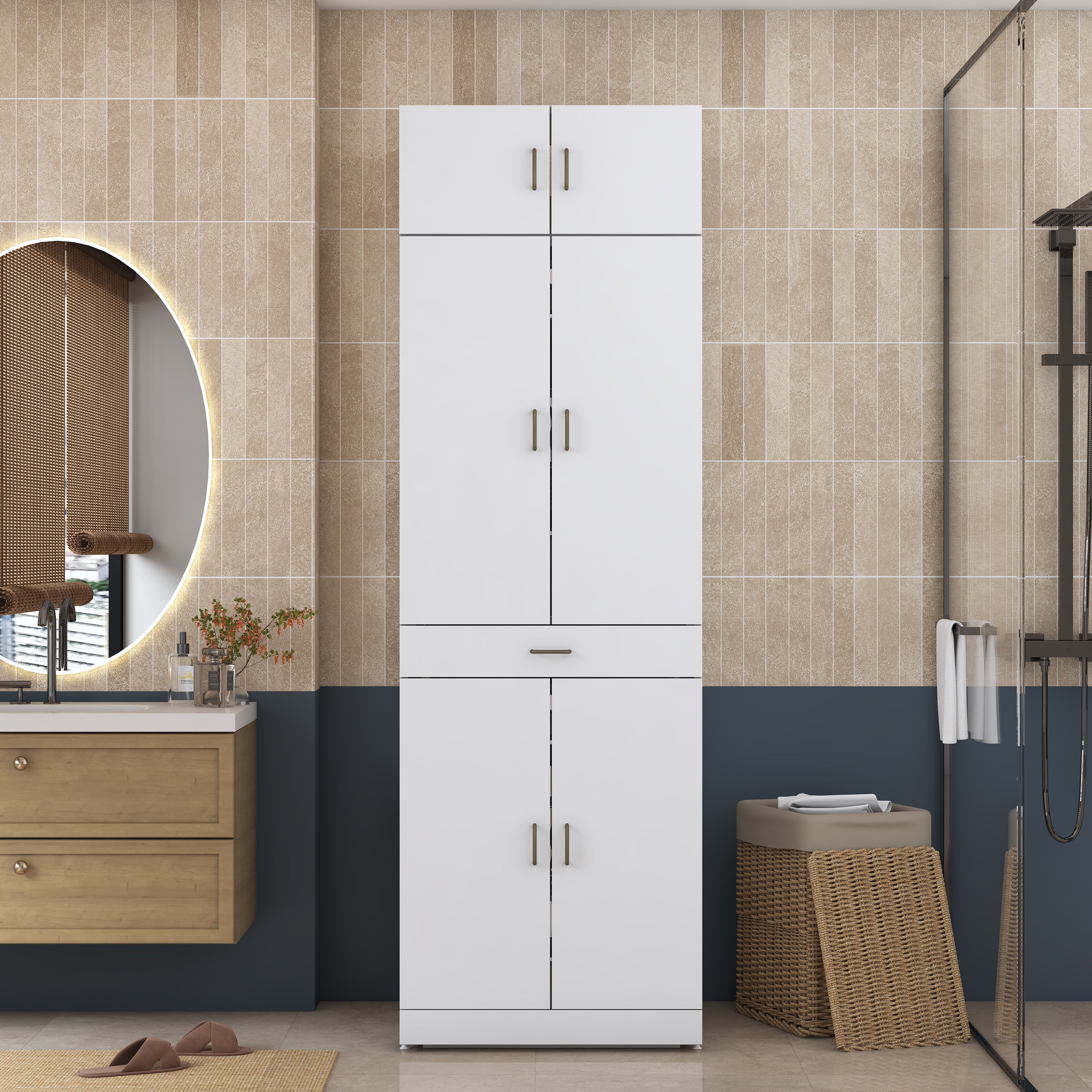 Rani KD143 Çamaşır Ve Kurutma Makinesi Dolabı Çekmeceli Raflı Banyo Dolabı Beyaz