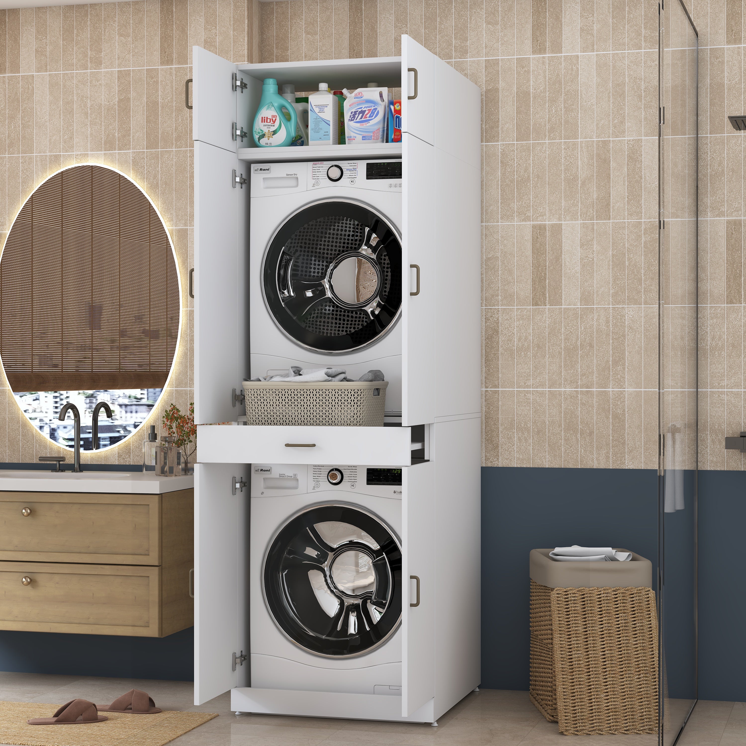 Rani KD143 Çamaşır Ve Kurutma Makinesi Dolabı Çekmeceli Raflı Banyo Dolabı Beyaz