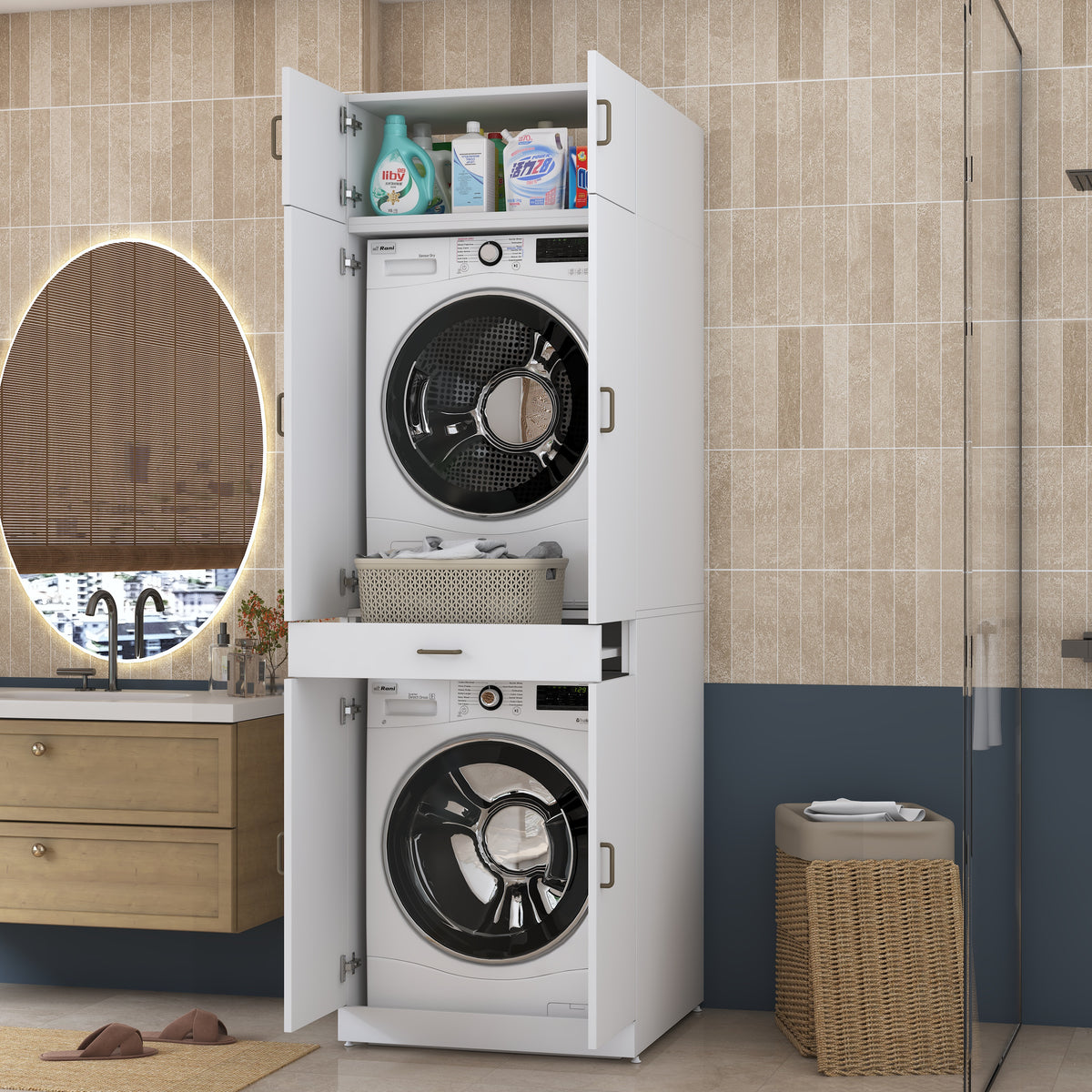 Rani KD143 Çamaşır Ve Kurutma Makinesi Dolabı Çekmeceli Raflı Banyo Dolabı Beyaz
