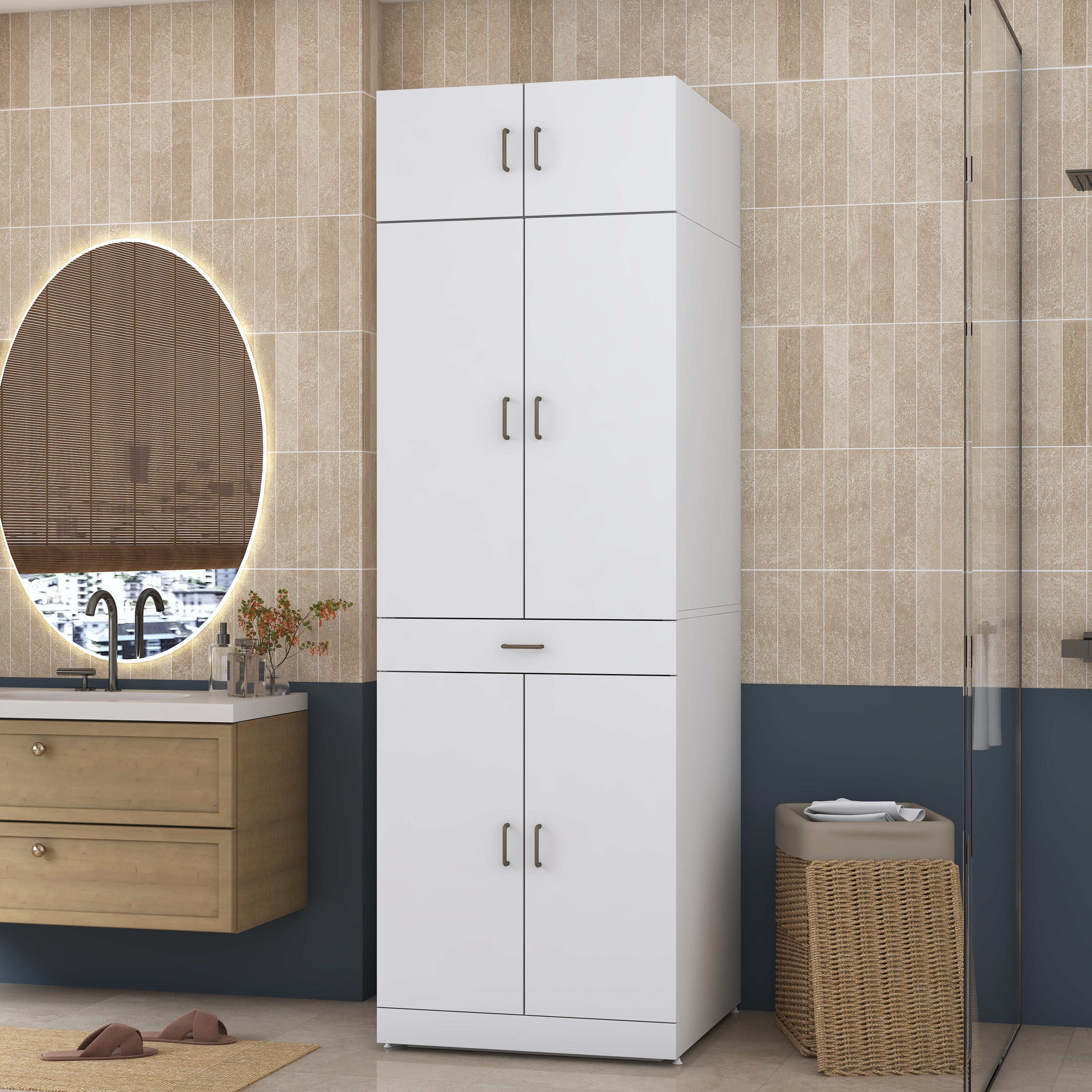 Rani KD143 Çamaşır Ve Kurutma Makinesi Dolabı Çekmeceli Raflı Banyo Dolabı Beyaz