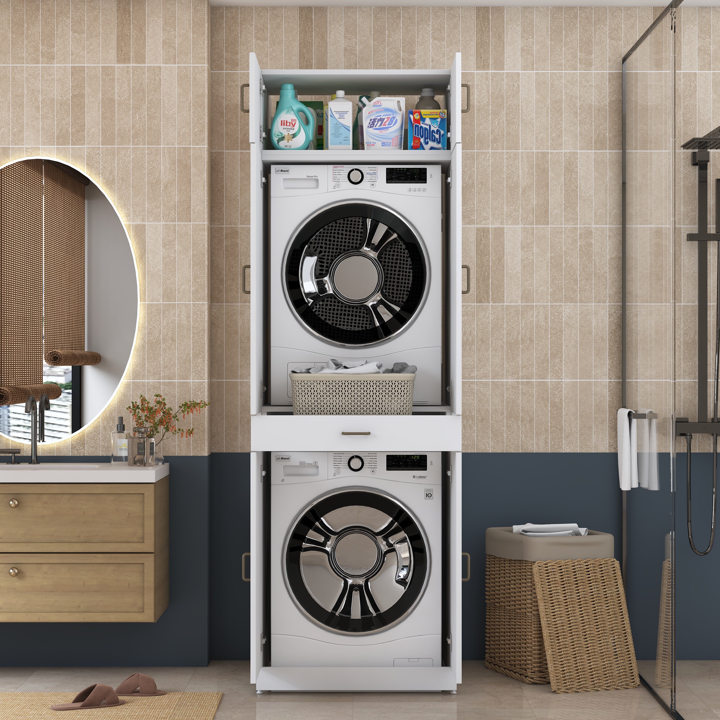Rani KD143 Çamaşır Ve Kurutma Makinesi Dolabı Çekmeceli Raflı Banyo Dolabı Beyaz