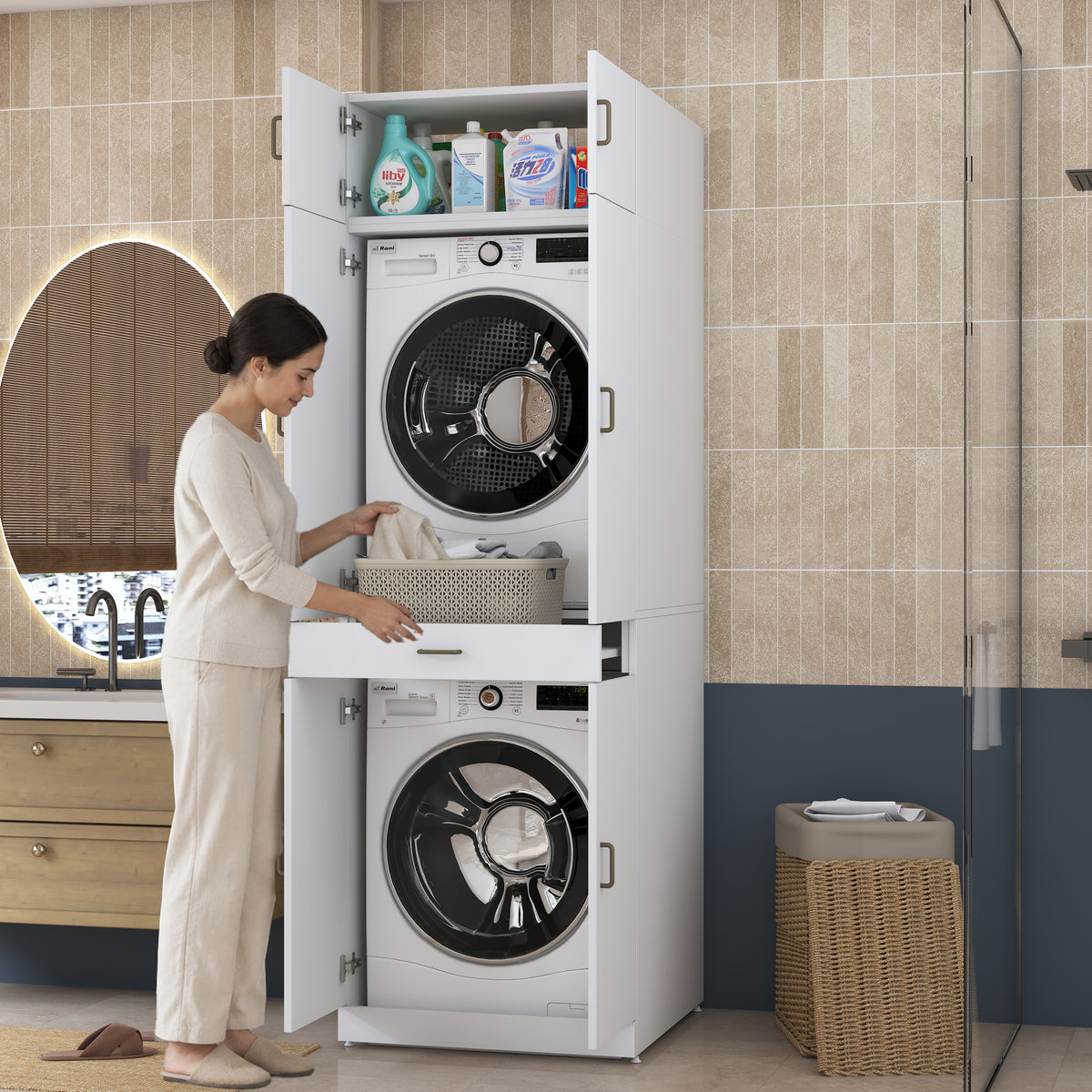 Rani KD143 Çamaşır Ve Kurutma Makinesi Dolabı Çekmeceli Raflı Banyo Dolabı Beyaz
