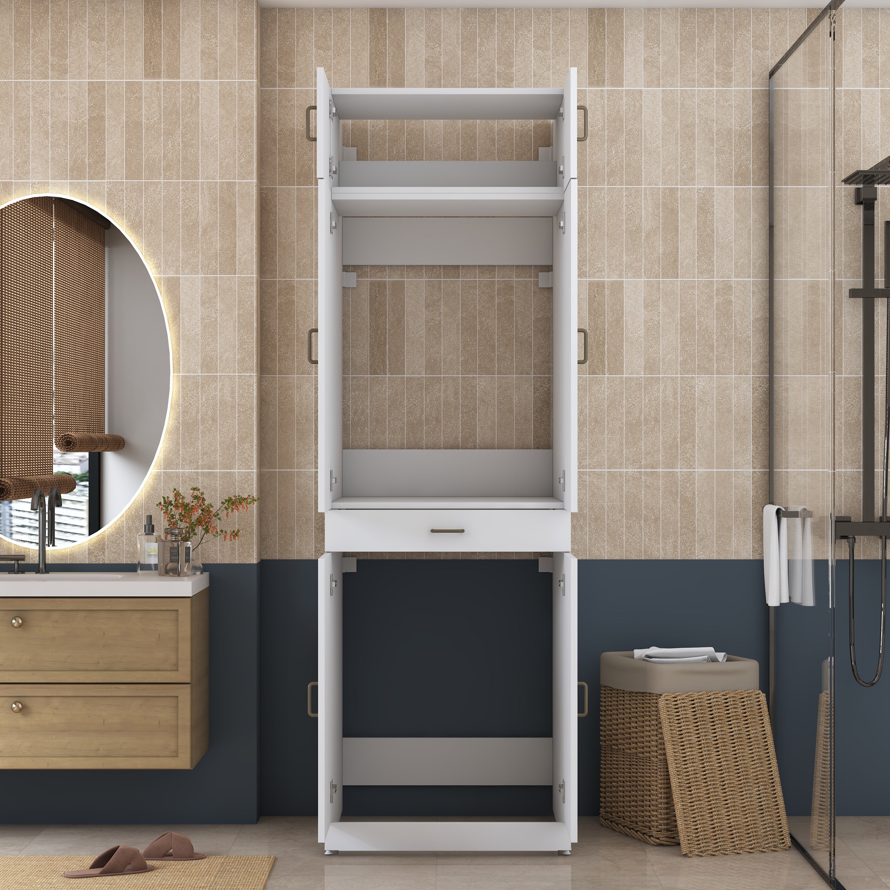 Rani KD143 Çamaşır Ve Kurutma Makinesi Dolabı Çekmeceli Raflı Banyo Dolabı Beyaz