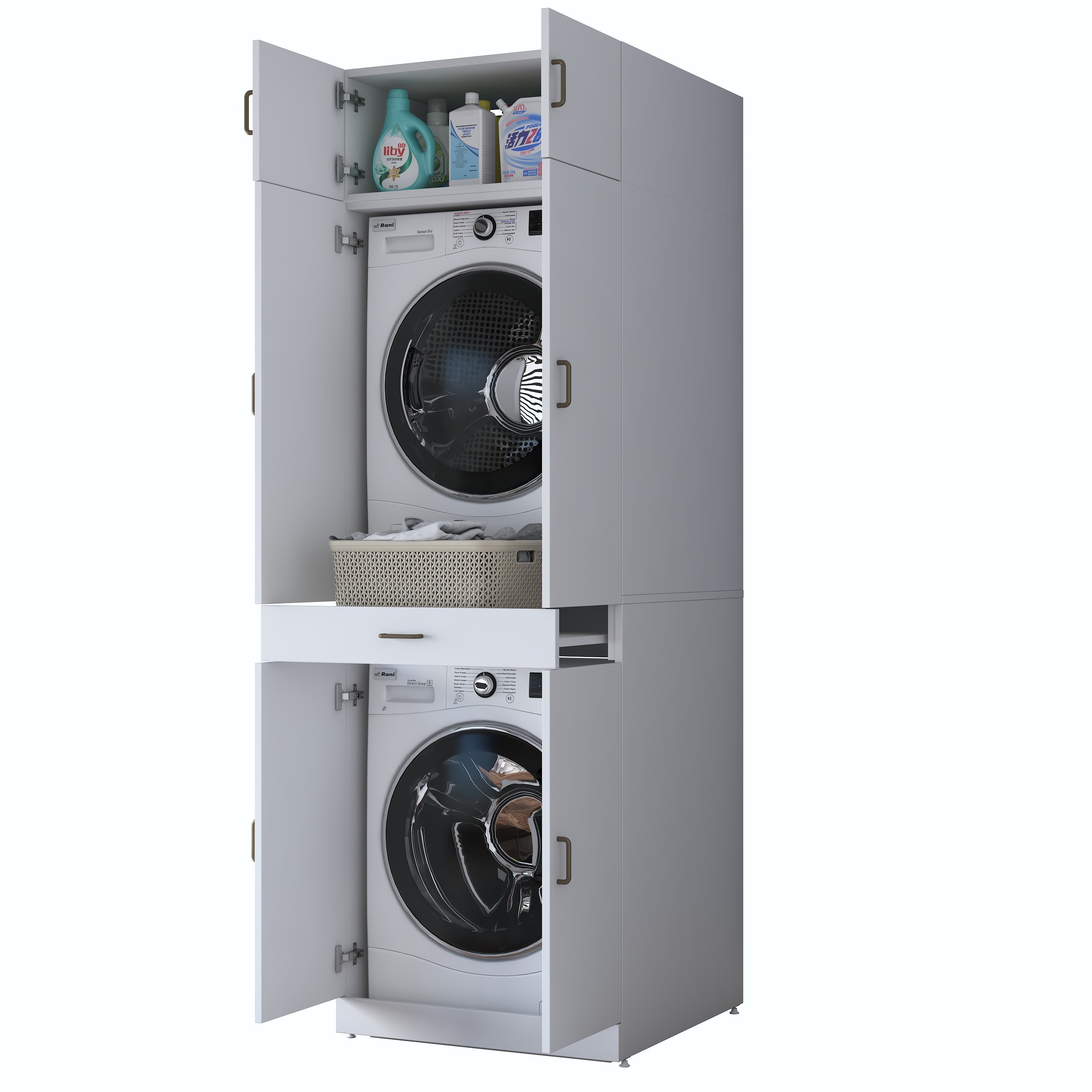 Rani KD143 Çamaşır Ve Kurutma Makinesi Dolabı Çekmeceli Raflı Banyo Dolabı Beyaz