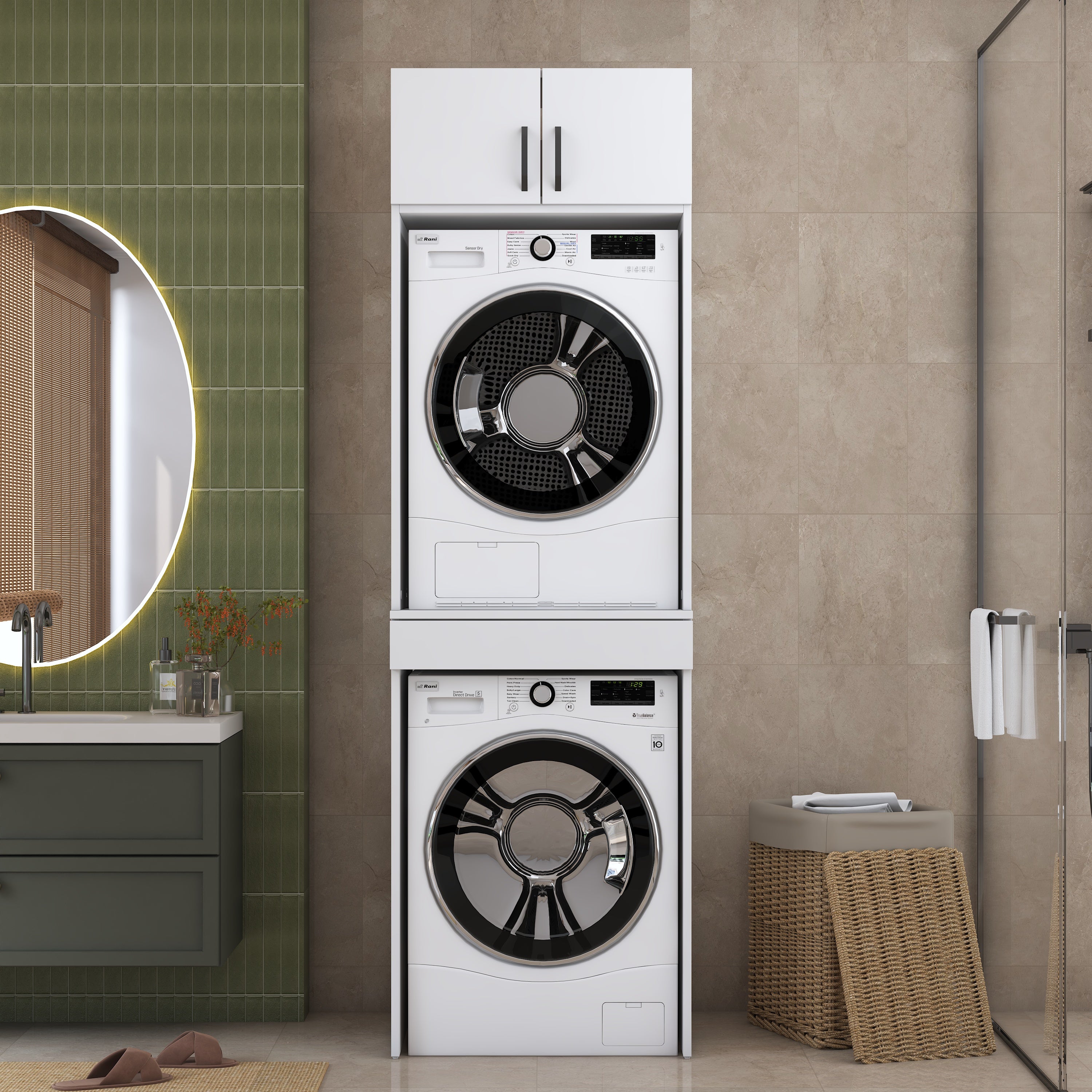 Rani KD147 Çamaşır Ve Kurutma Makinesi Dolabı Çekmeceli Raflı Banyo Dolabı Beyaz