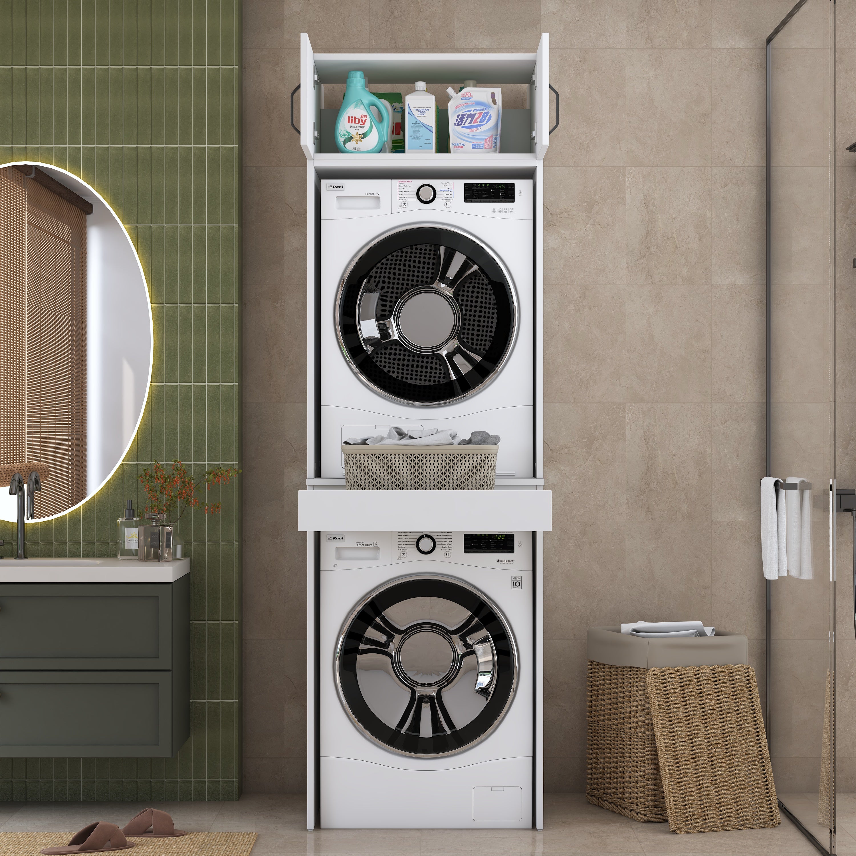 Rani KD147 Çamaşır Ve Kurutma Makinesi Dolabı Çekmeceli Raflı Banyo Dolabı Beyaz