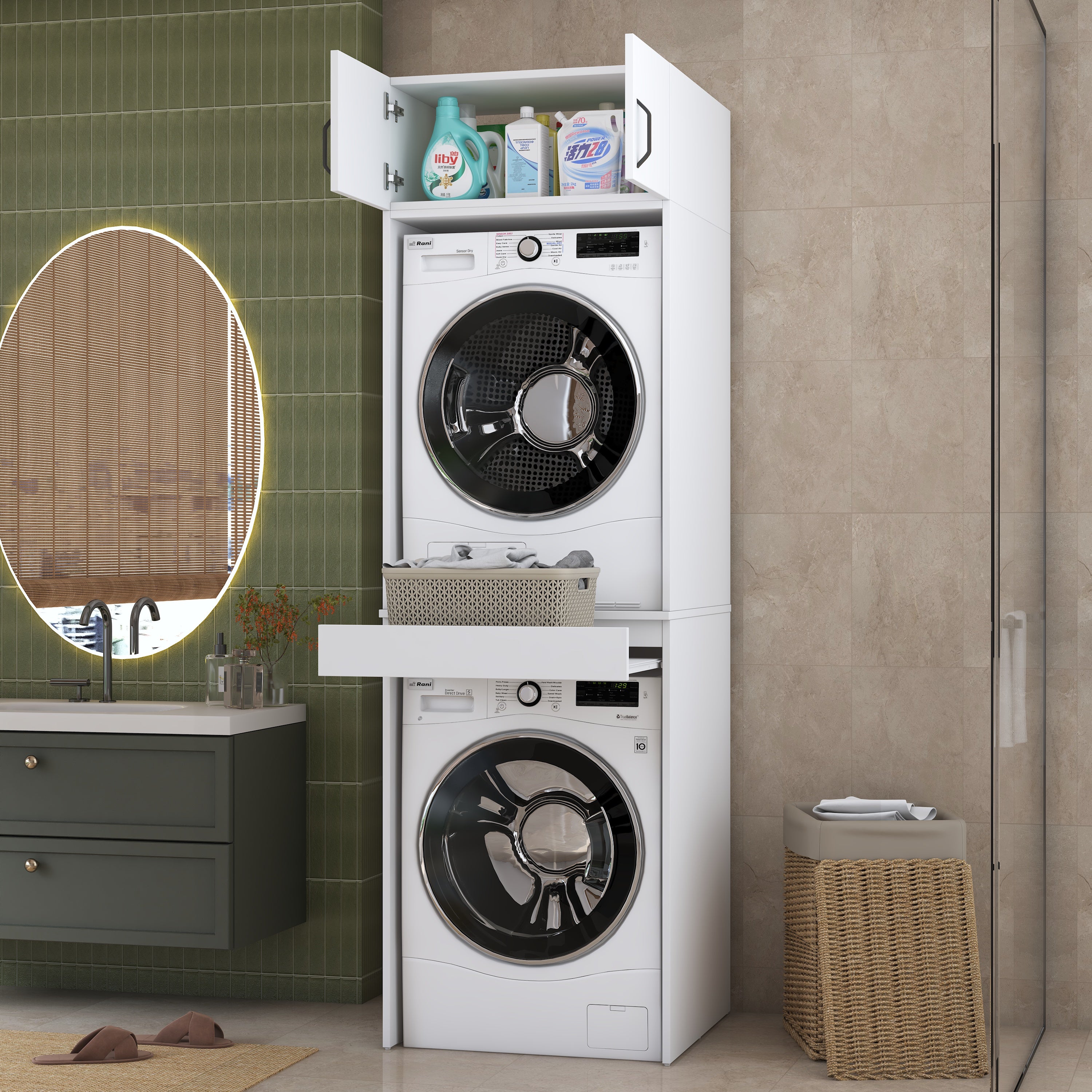 Rani KD147 Çamaşır Ve Kurutma Makinesi Dolabı Çekmeceli Raflı Banyo Dolabı Beyaz