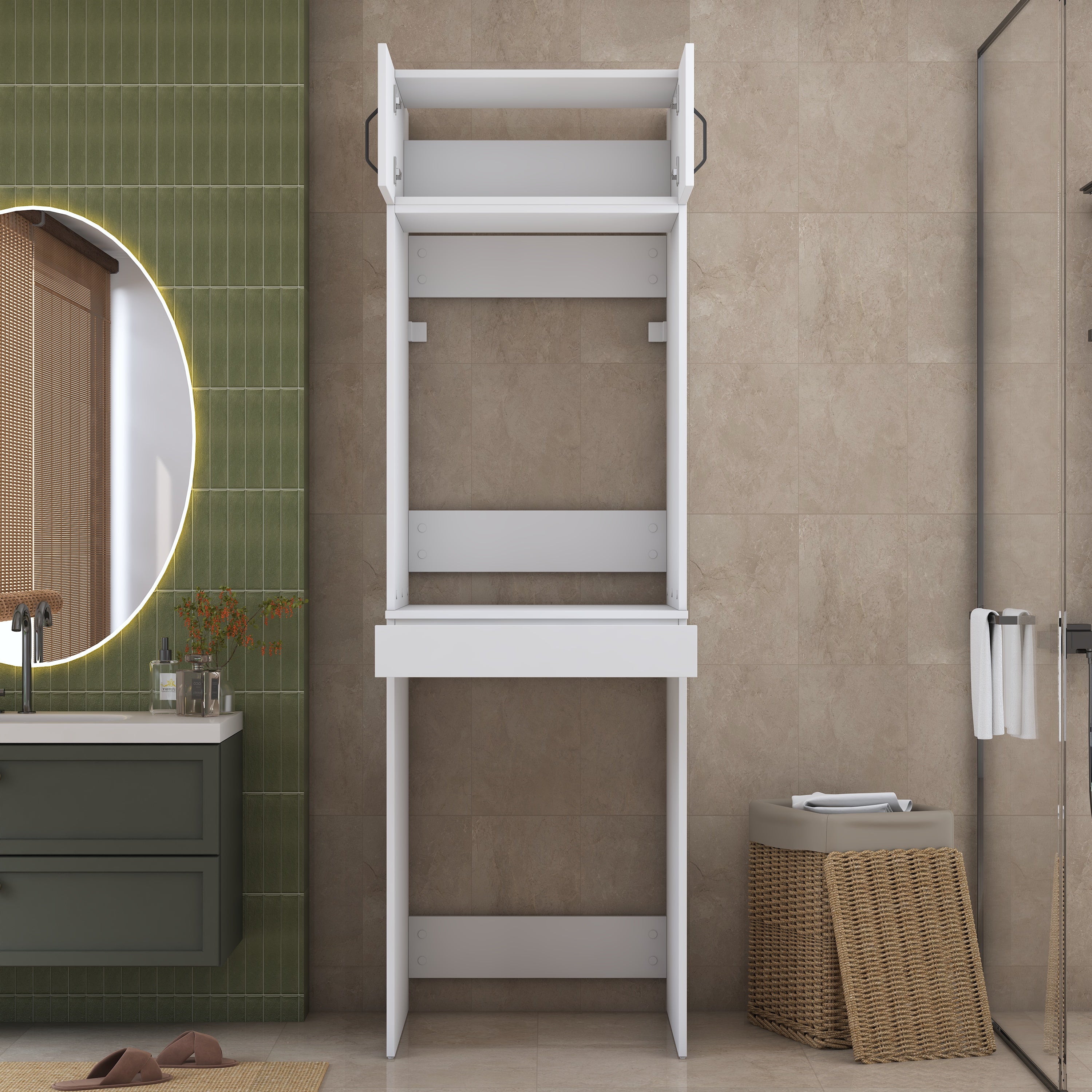 Rani KD147 Çamaşır Ve Kurutma Makinesi Dolabı Çekmeceli Raflı Banyo Dolabı Beyaz