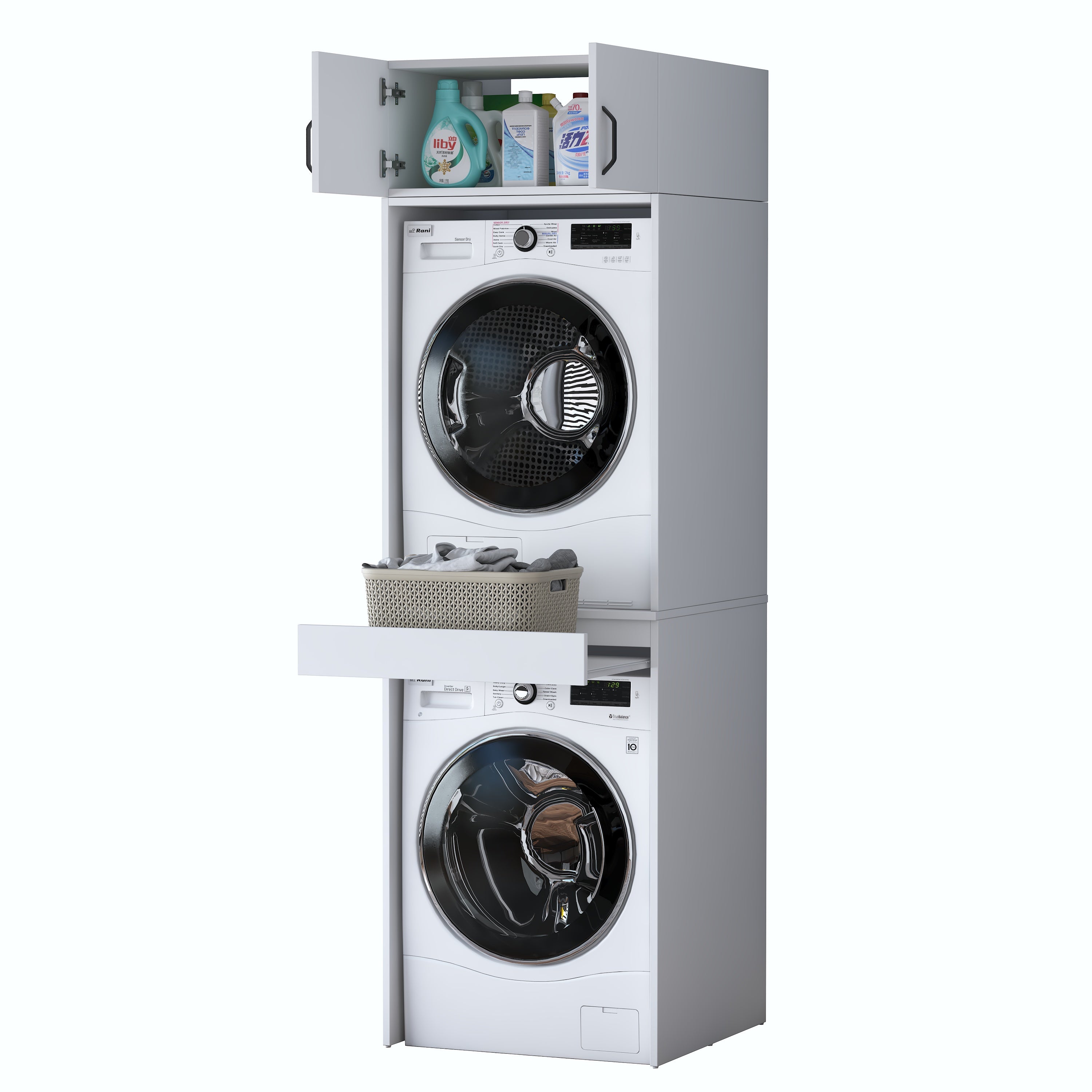 Rani KD147 Çamaşır Ve Kurutma Makinesi Dolabı Çekmeceli Raflı Banyo Dolabı Beyaz