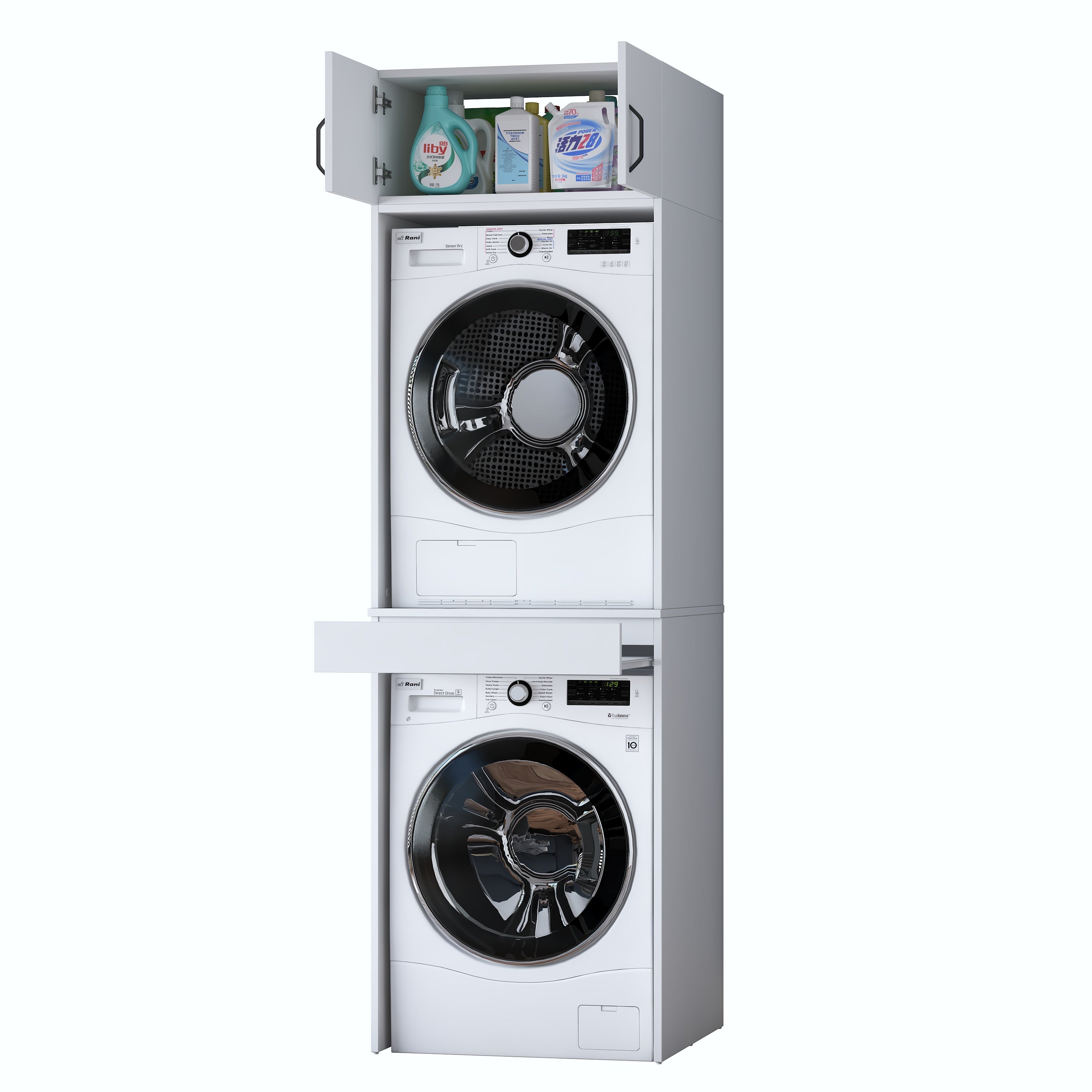 Rani KD147 Çamaşır Ve Kurutma Makinesi Dolabı Çekmeceli Raflı Banyo Dolabı Beyaz