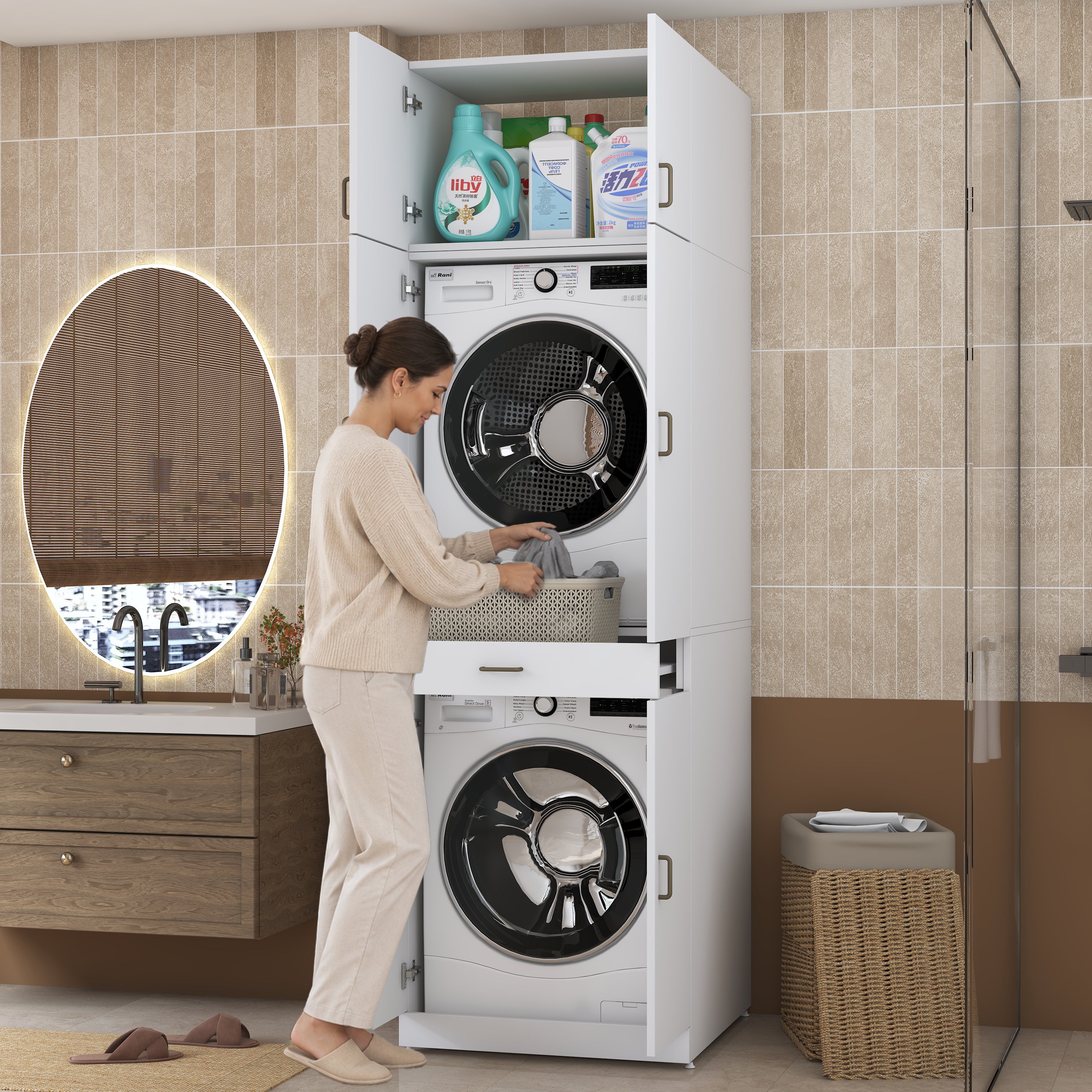 Rani KD146 Çamaşır Ve Kurutma Makinesi Dolabı 4 Kapaklı Çekmeceli Banyo Dolabı Beyaz