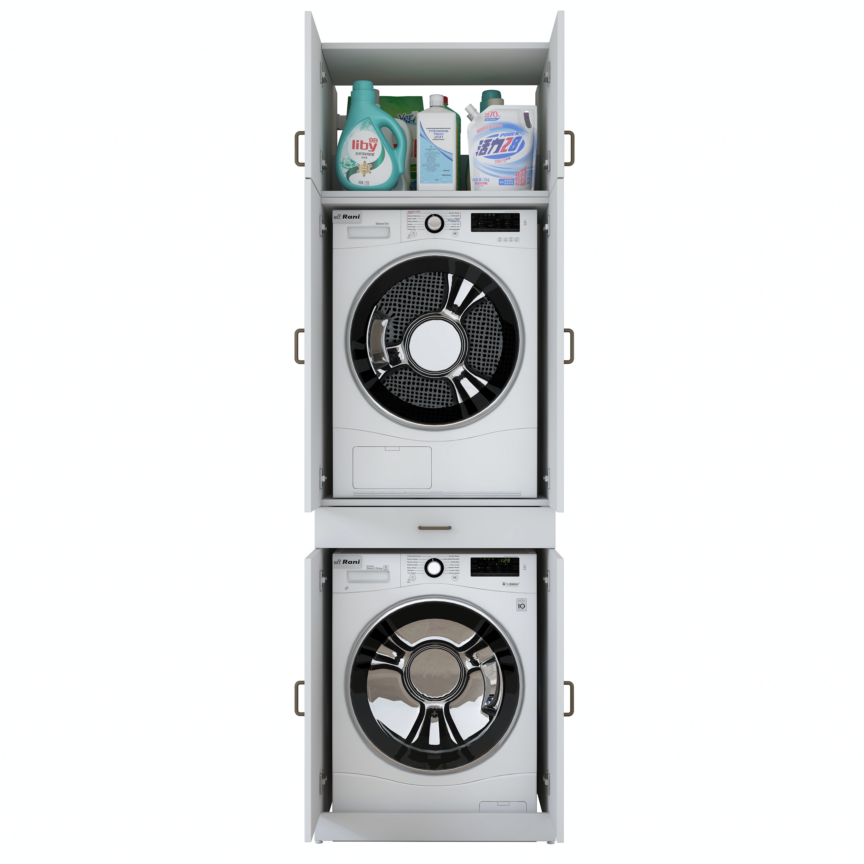 Rani KD146 Çamaşır Ve Kurutma Makinesi Dolabı 4 Kapaklı Çekmeceli Banyo Dolabı Beyaz