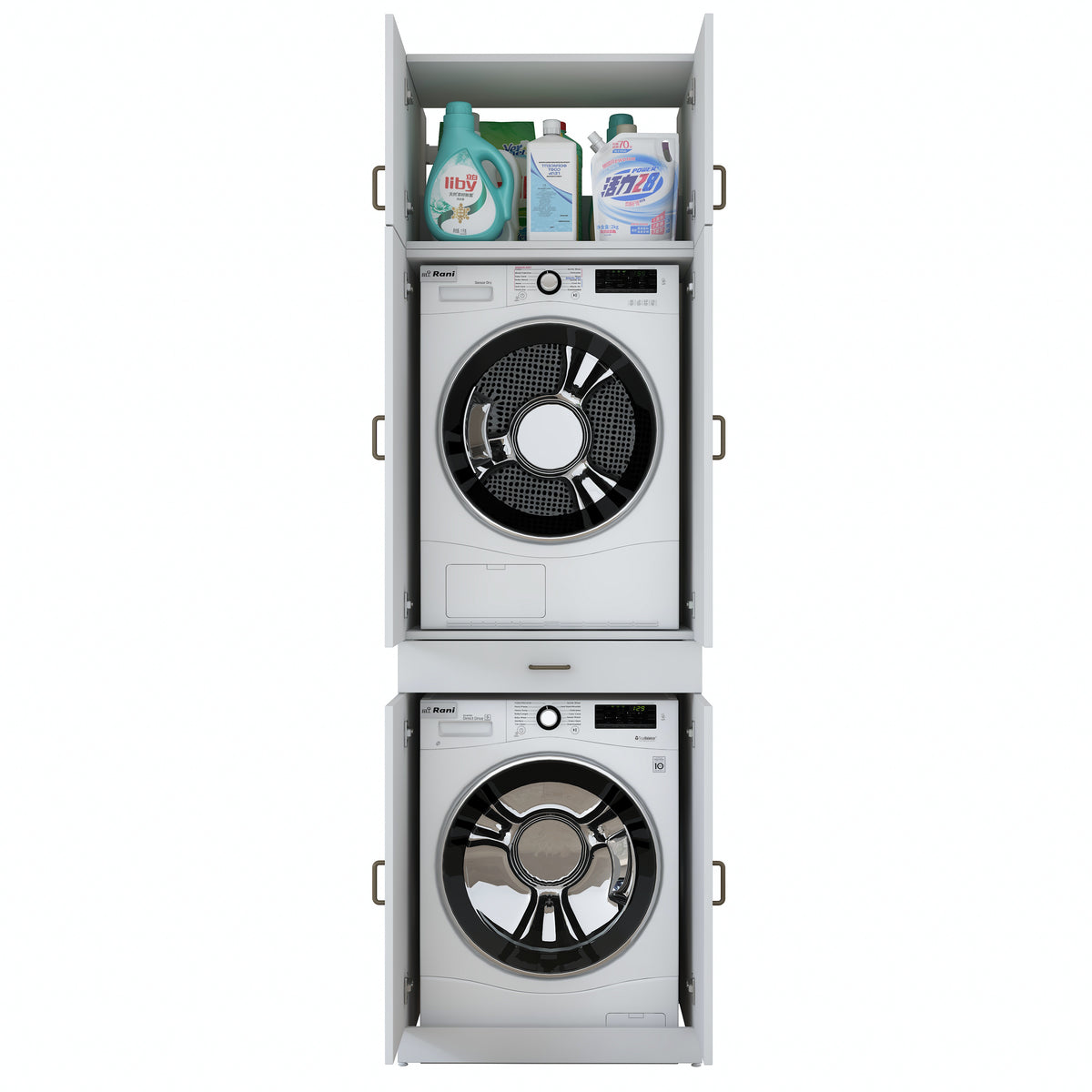 Rani KD146 Çamaşır Ve Kurutma Makinesi Dolabı 4 Kapaklı Çekmeceli Banyo Dolabı Beyaz