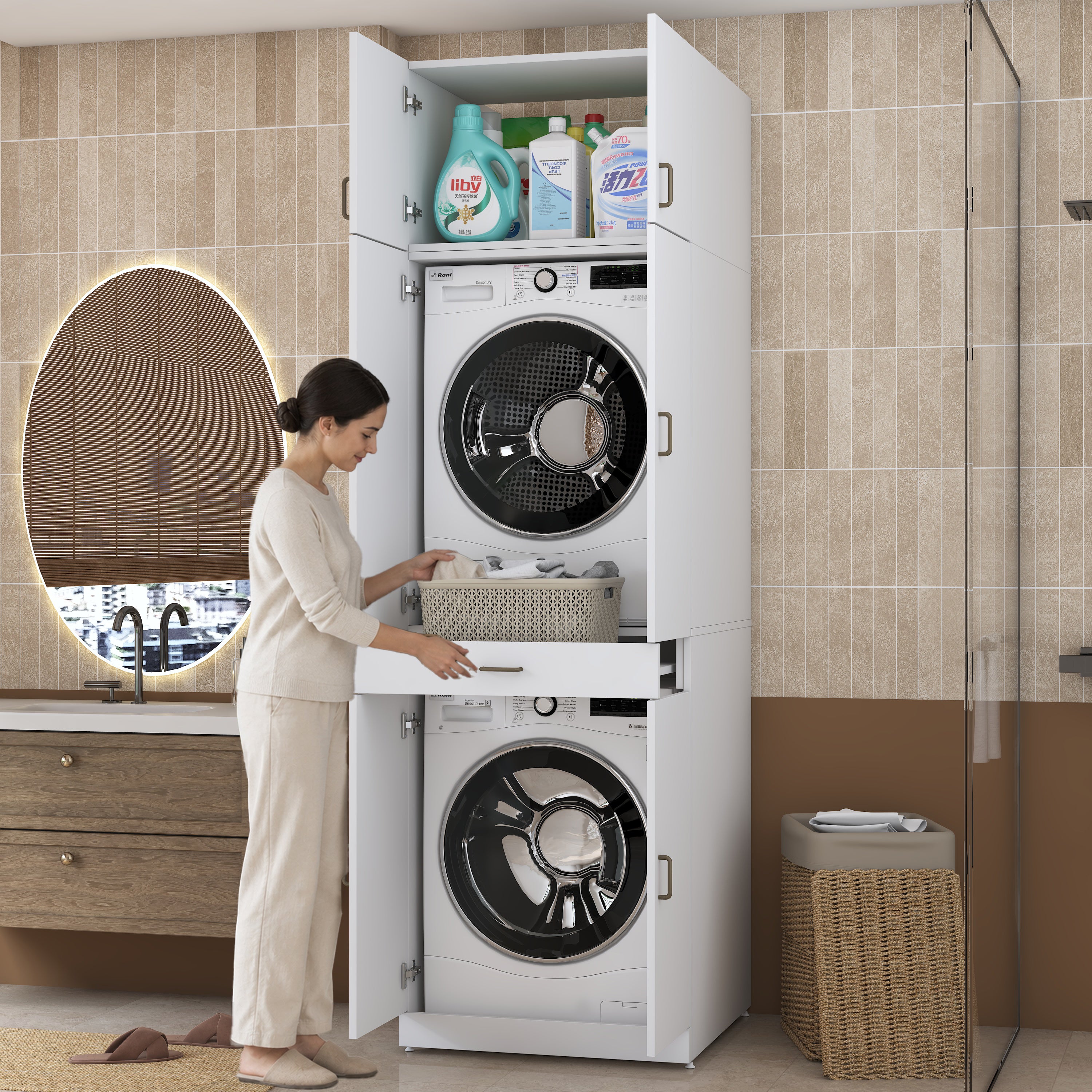 Rani KD146 Çamaşır Ve Kurutma Makinesi Dolabı 4 Kapaklı Çekmeceli Banyo Dolabı Beyaz
