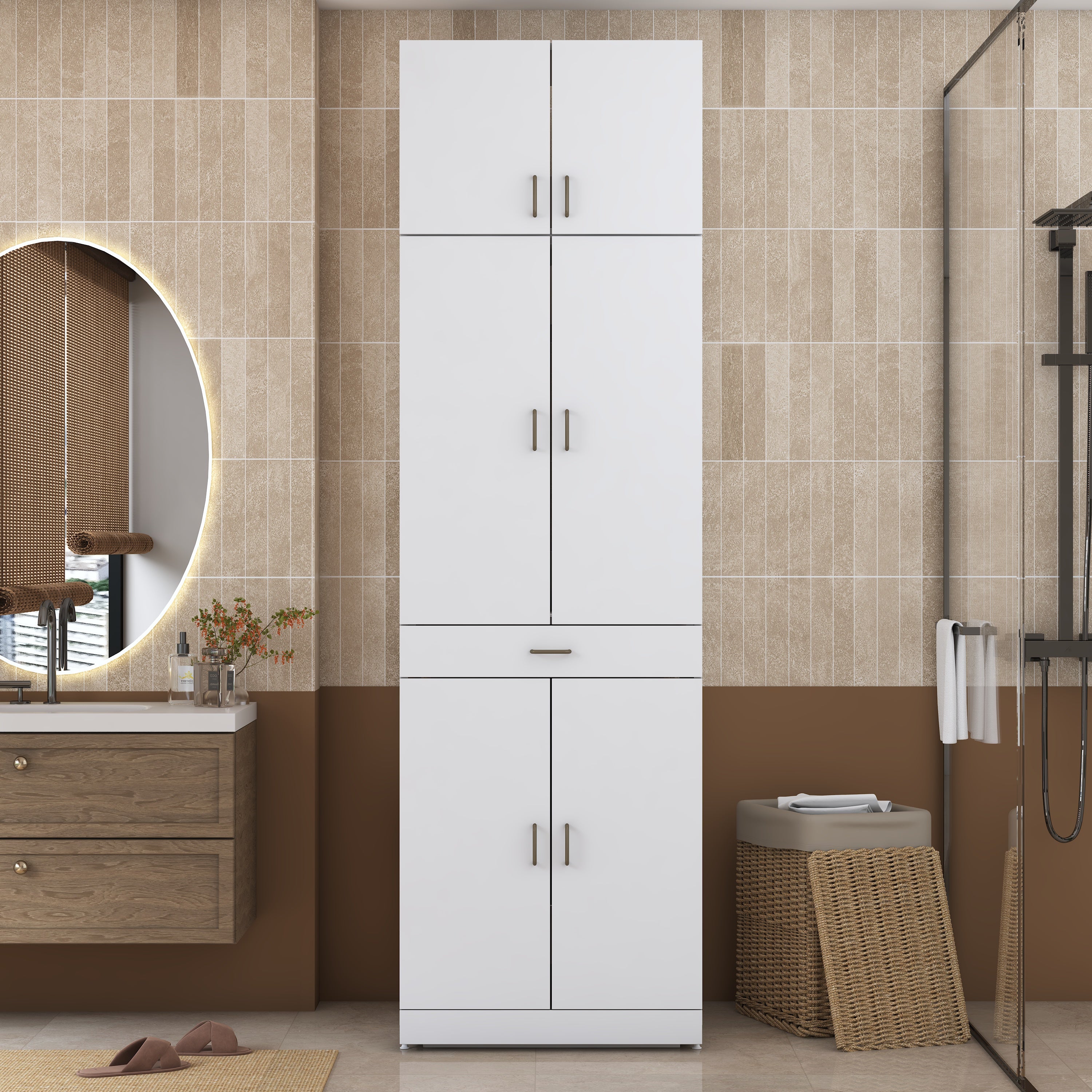 Rani KD146 Çamaşır Ve Kurutma Makinesi Dolabı 4 Kapaklı Çekmeceli Banyo Dolabı Beyaz