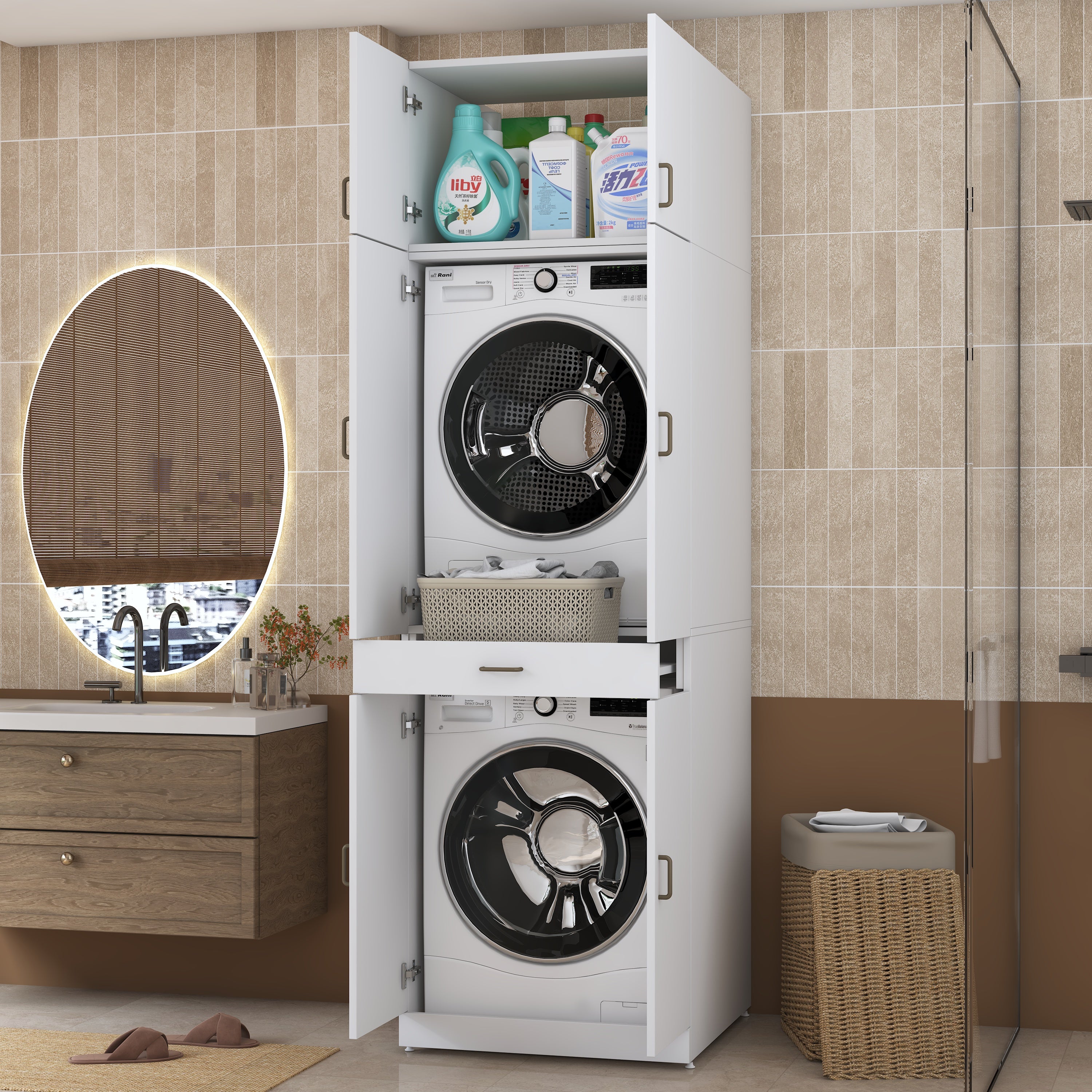 Rani KD146 Çamaşır Ve Kurutma Makinesi Dolabı 4 Kapaklı Çekmeceli Banyo Dolabı Beyaz