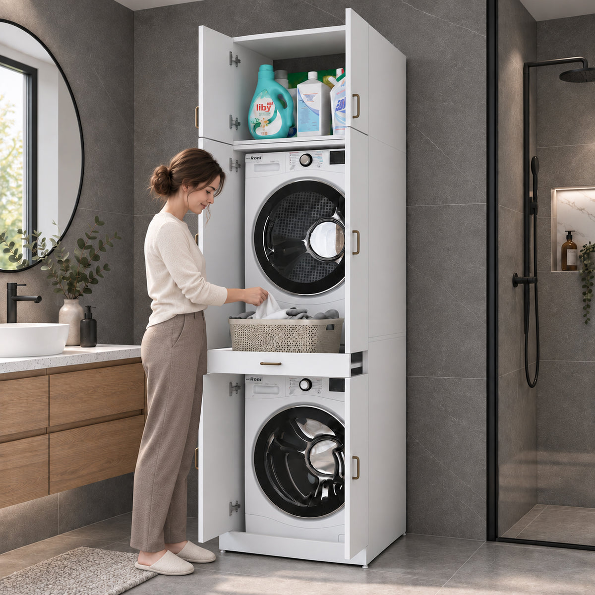 Rani KD146 Çamaşır Ve Kurutma Makinesi Dolabı 4 Kapaklı Çekmeceli Banyo Dolabı Beyaz