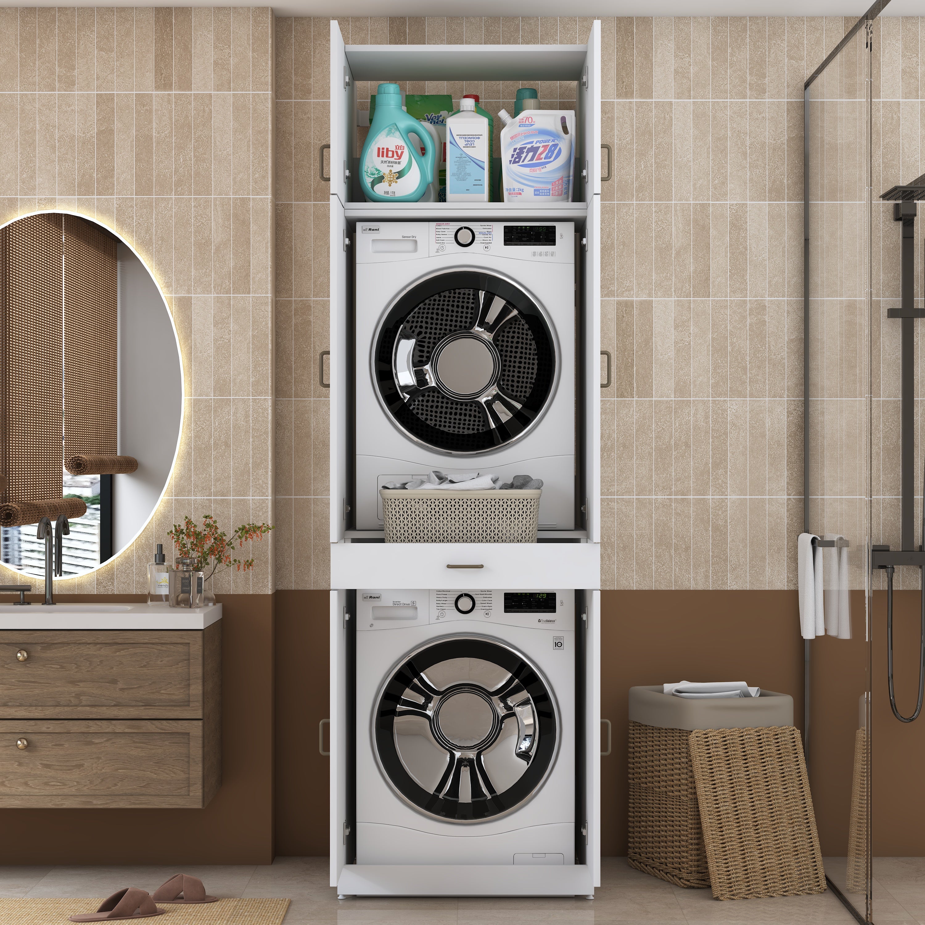 Rani KD146 Çamaşır Ve Kurutma Makinesi Dolabı 4 Kapaklı Çekmeceli Banyo Dolabı Beyaz