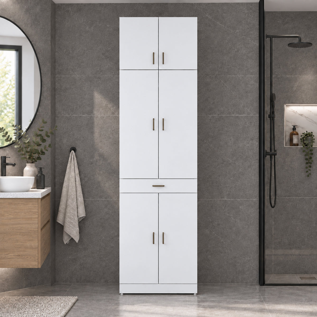 Rani KD146 Çamaşır Ve Kurutma Makinesi Dolabı 4 Kapaklı Çekmeceli Banyo Dolabı Beyaz