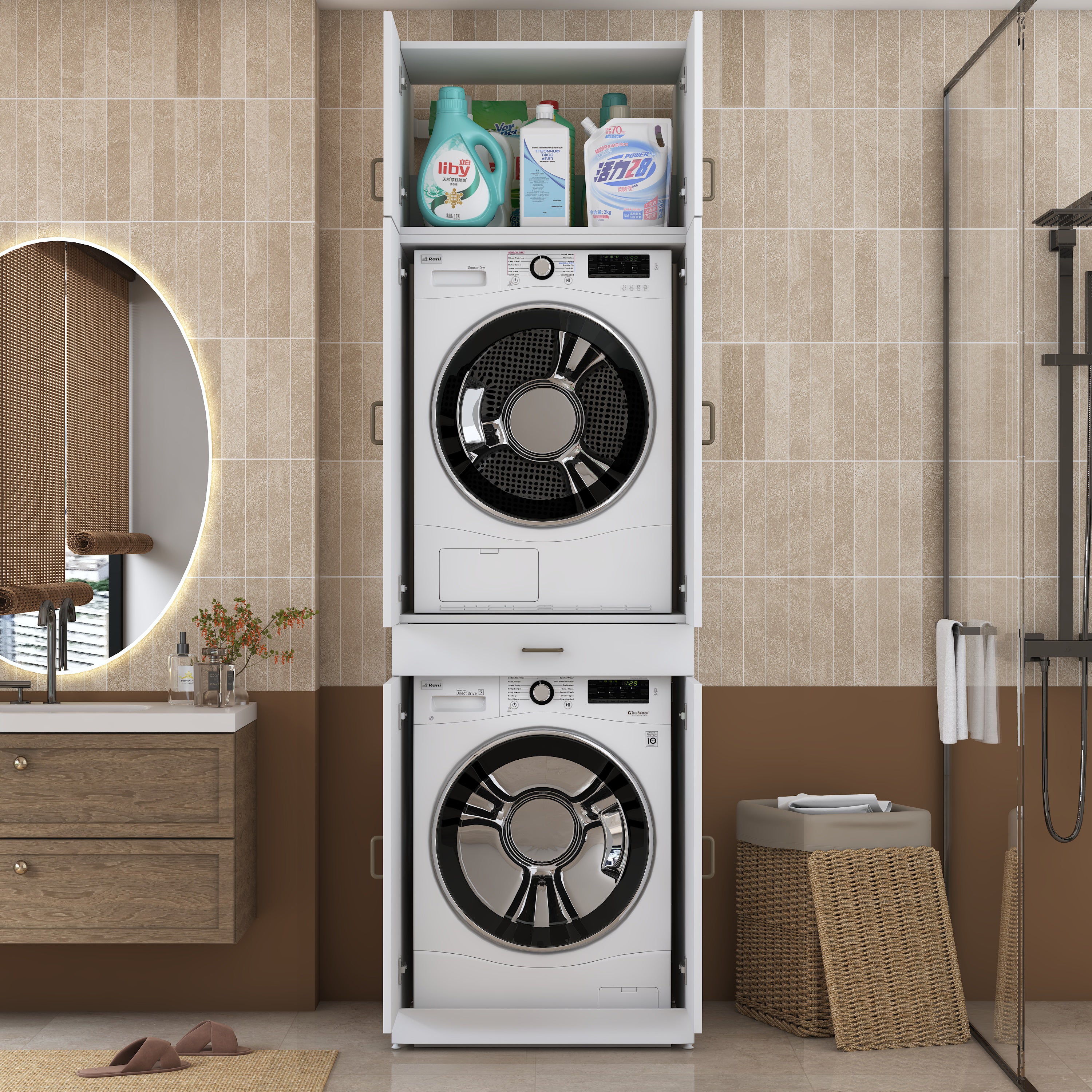 Rani KD146 Çamaşır Ve Kurutma Makinesi Dolabı 4 Kapaklı Çekmeceli Banyo Dolabı Beyaz