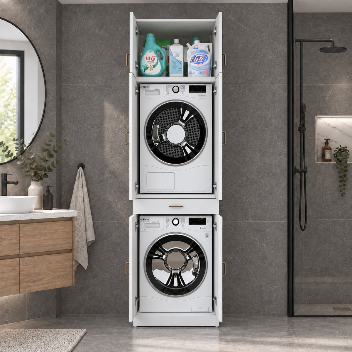 Rani KD146 Çamaşır Ve Kurutma Makinesi Dolabı 4 Kapaklı Çekmeceli Banyo Dolabı Beyaz