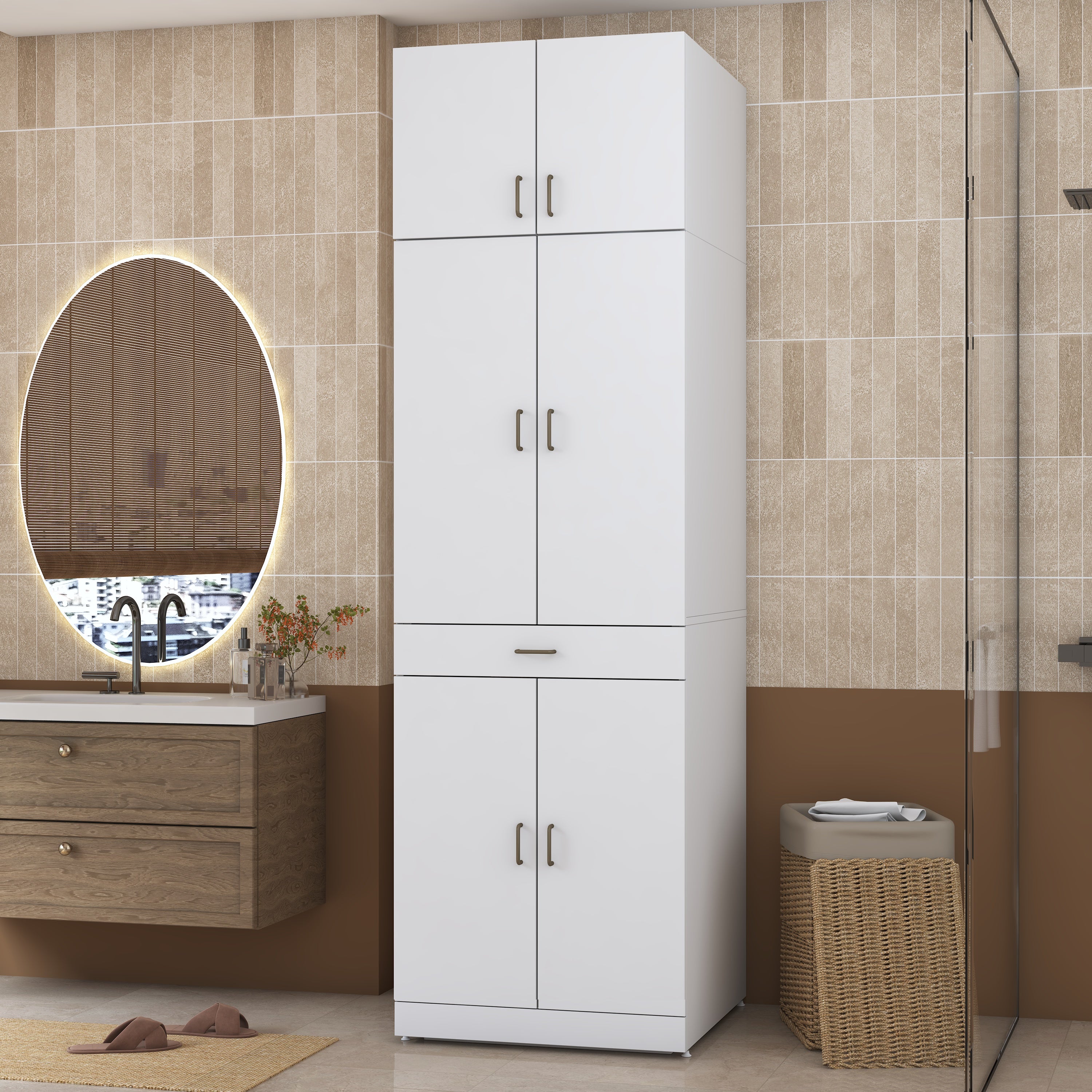 Rani KD146 Çamaşır Ve Kurutma Makinesi Dolabı 4 Kapaklı Çekmeceli Banyo Dolabı Beyaz