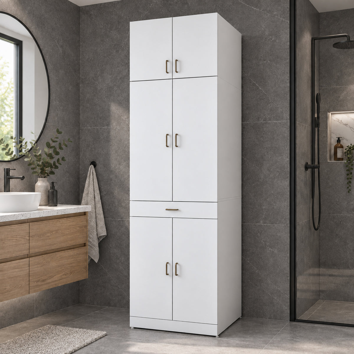 Rani KD146 Çamaşır Ve Kurutma Makinesi Dolabı 4 Kapaklı Çekmeceli Banyo Dolabı Beyaz