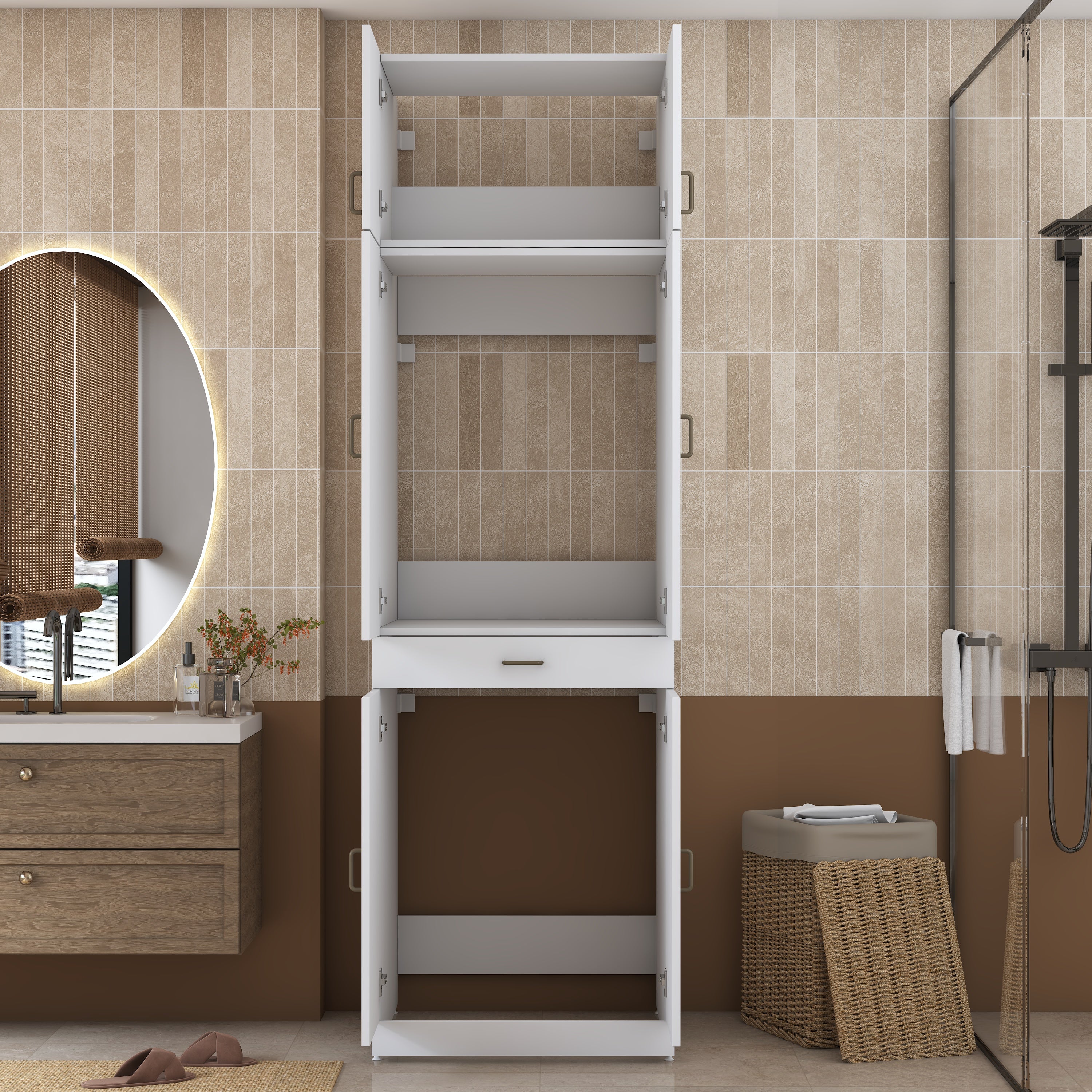 Rani KD146 Çamaşır Ve Kurutma Makinesi Dolabı 4 Kapaklı Çekmeceli Banyo Dolabı Beyaz