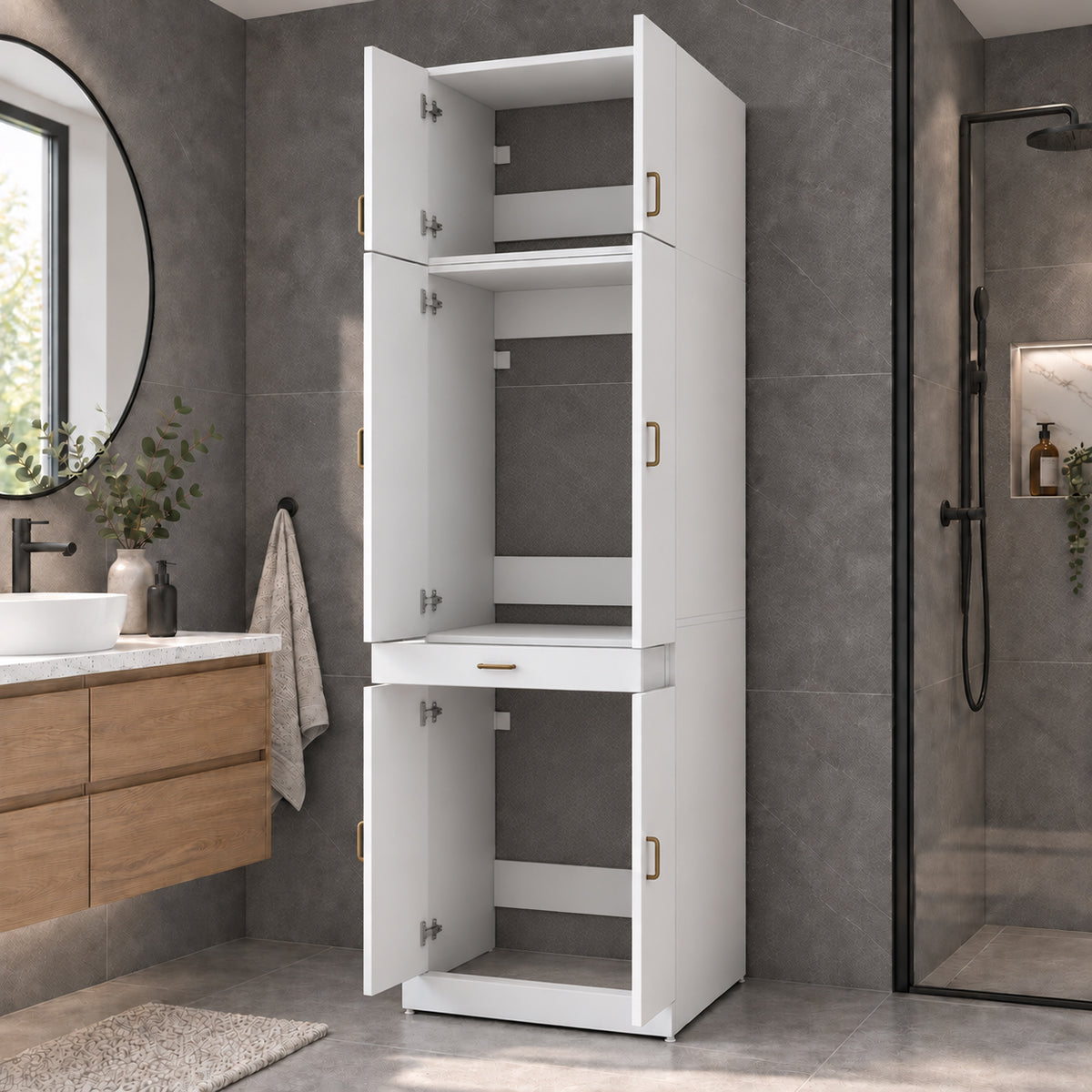 Rani KD146 Çamaşır Ve Kurutma Makinesi Dolabı 4 Kapaklı Çekmeceli Banyo Dolabı Beyaz