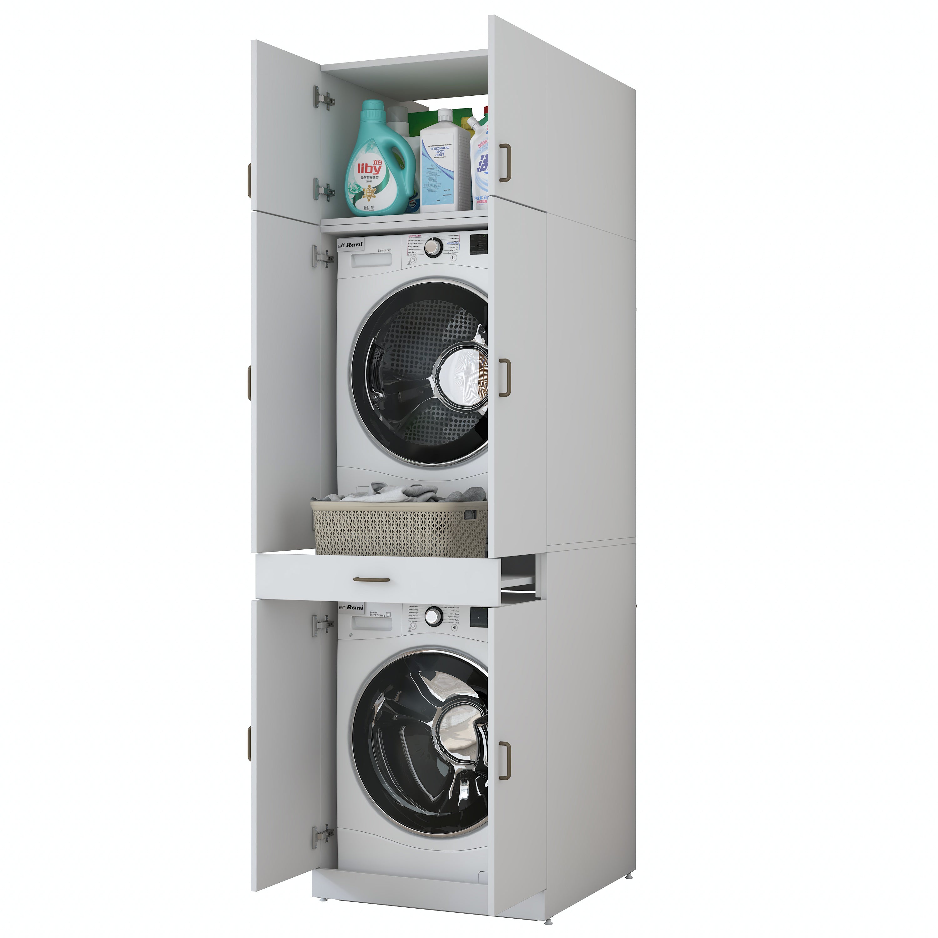 Rani KD146 Çamaşır Ve Kurutma Makinesi Dolabı 4 Kapaklı Çekmeceli Banyo Dolabı Beyaz